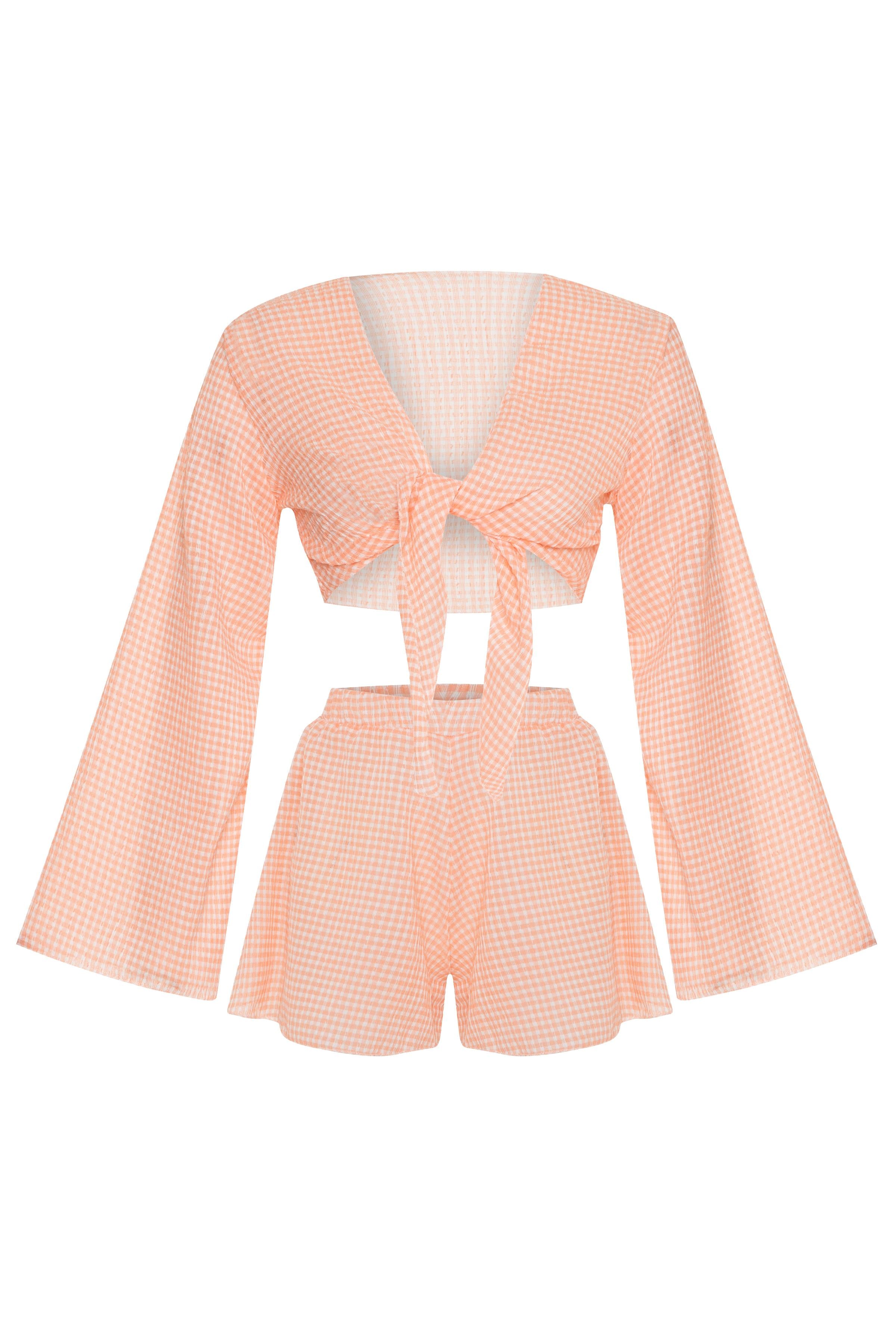 Pötikareli Gofre Oranj Crop Top-Şort Takım