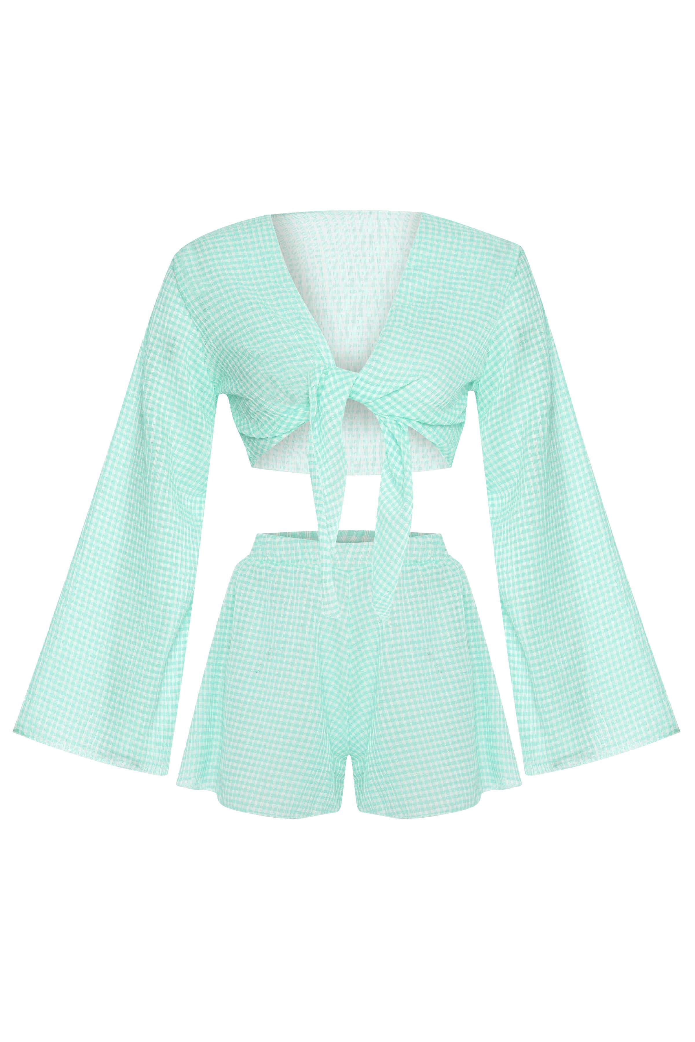 Pötikareli Mint Yeşili Crop Top-Şort Takım