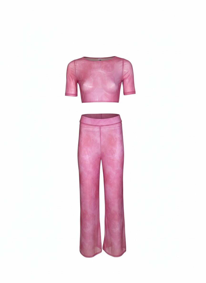 Sırt Dekolteli Pembe Crop Top-Pantolon Takım