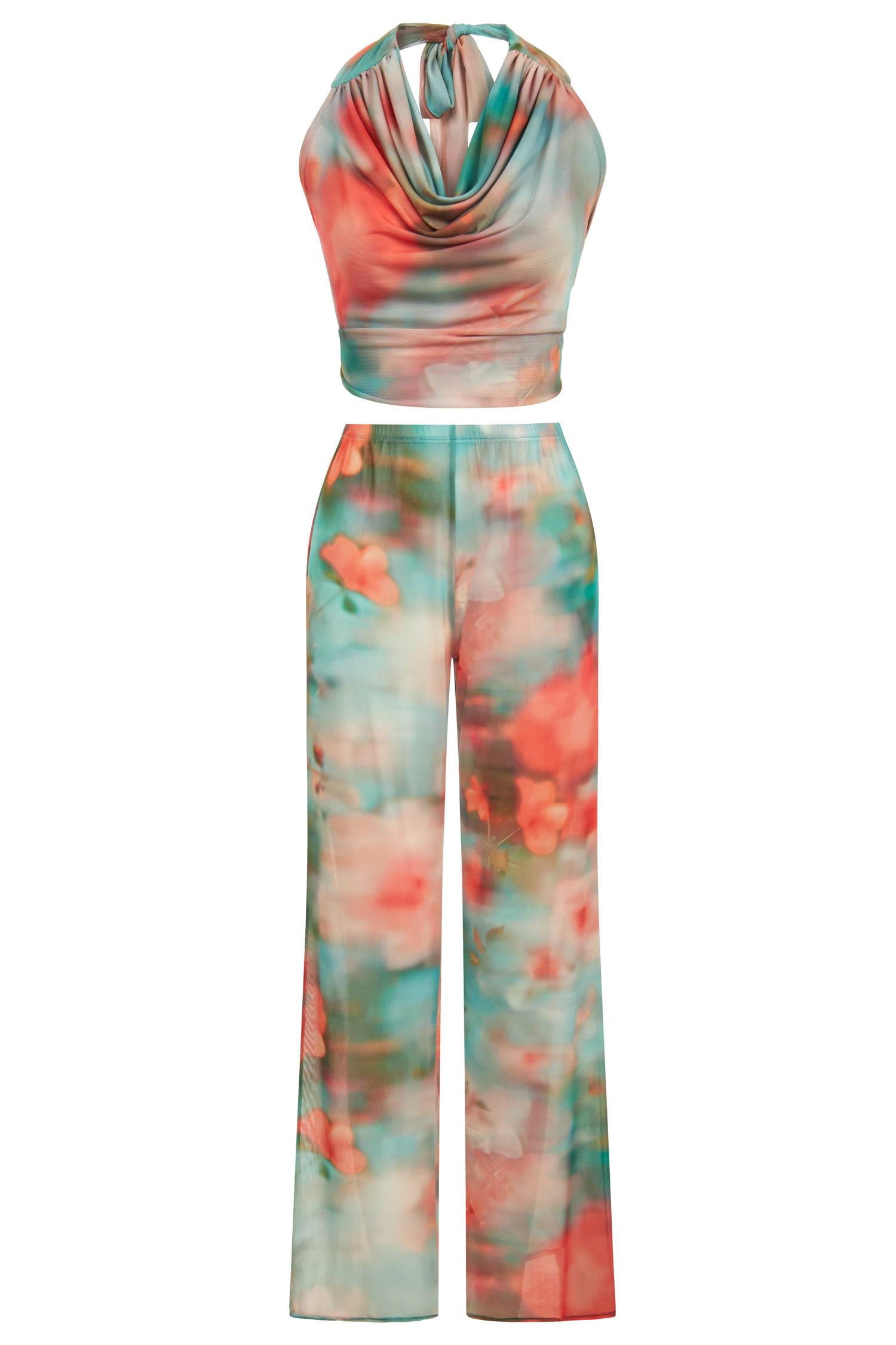 Tül Pembe Crop Top-Pantolon Takım