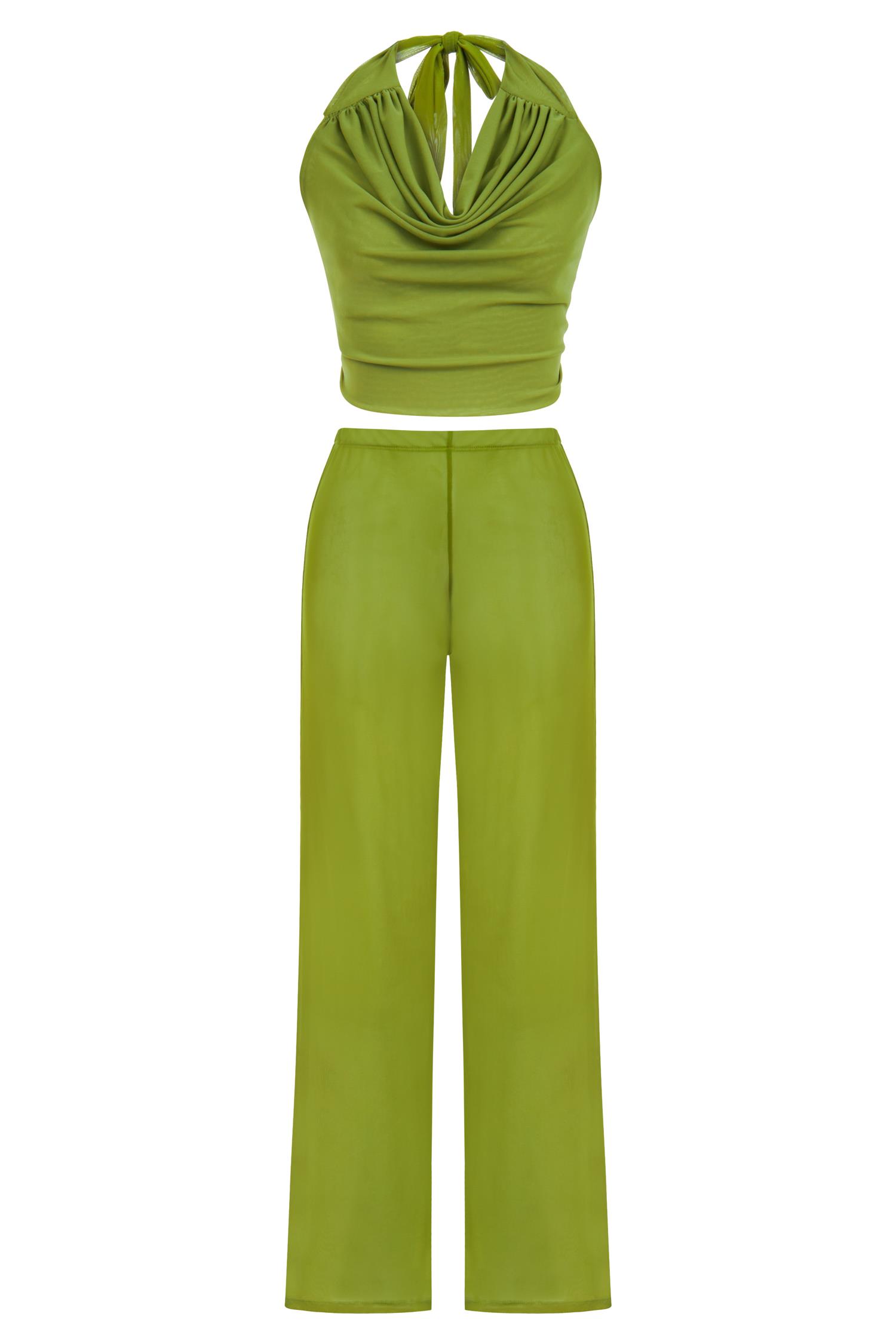 Tül Yağ Yeşili Crop Top-Pantolon Takım