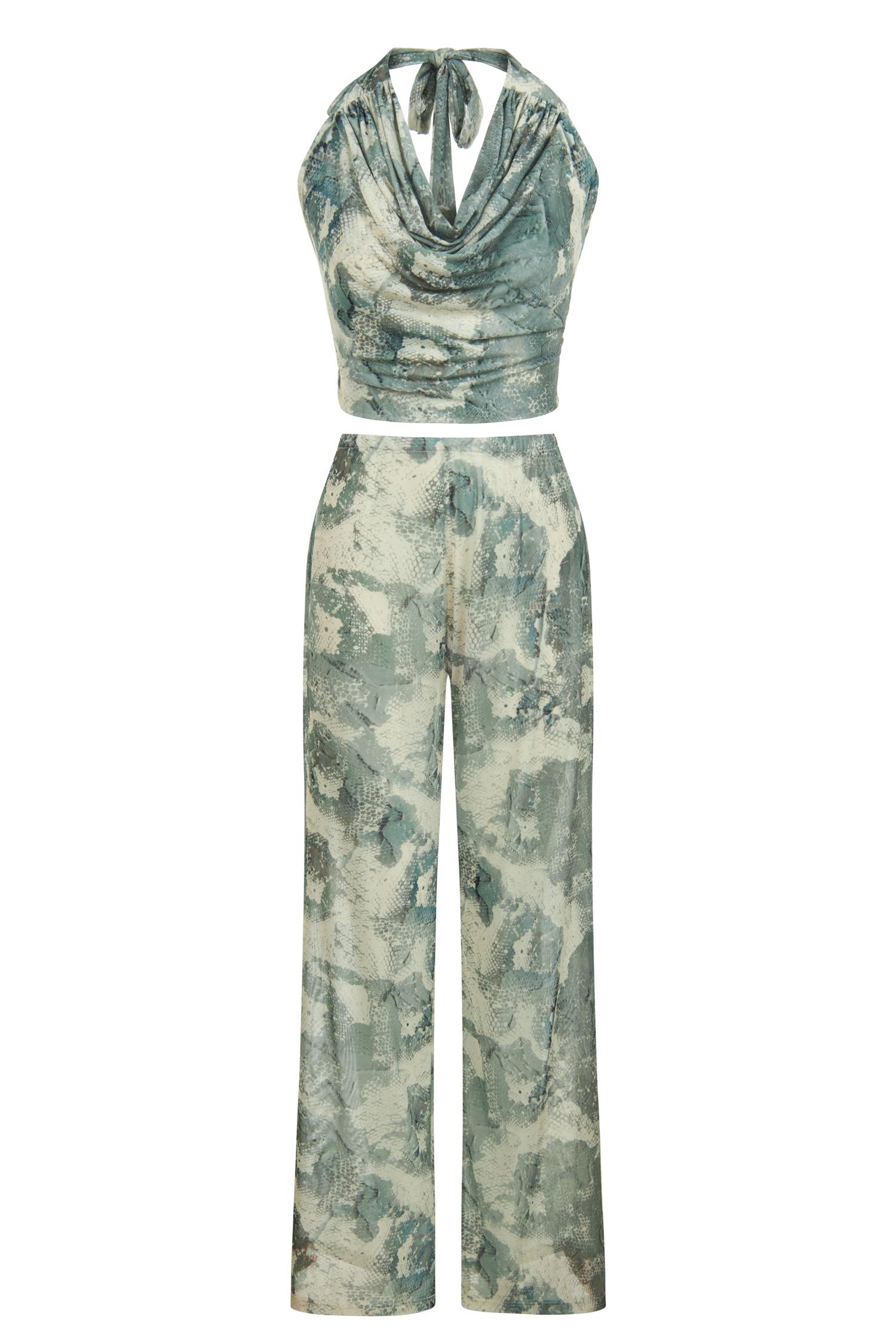 Tül Yeşil Desenli Crop Top-Pantolon Takım