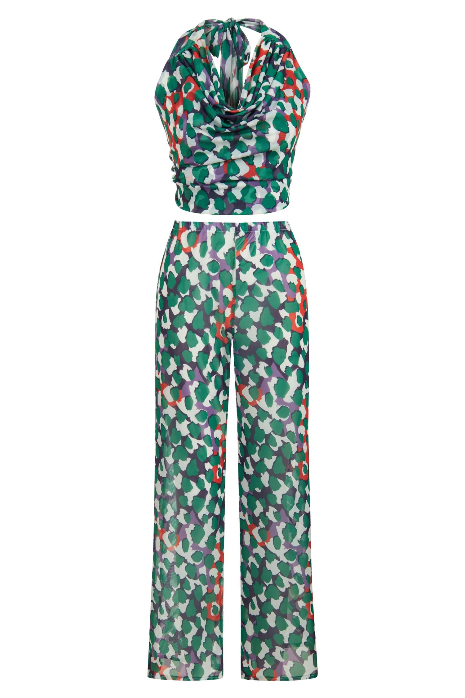 Tül Yeşil Kamuflaj Desen Crop Top-Pantolon Takım