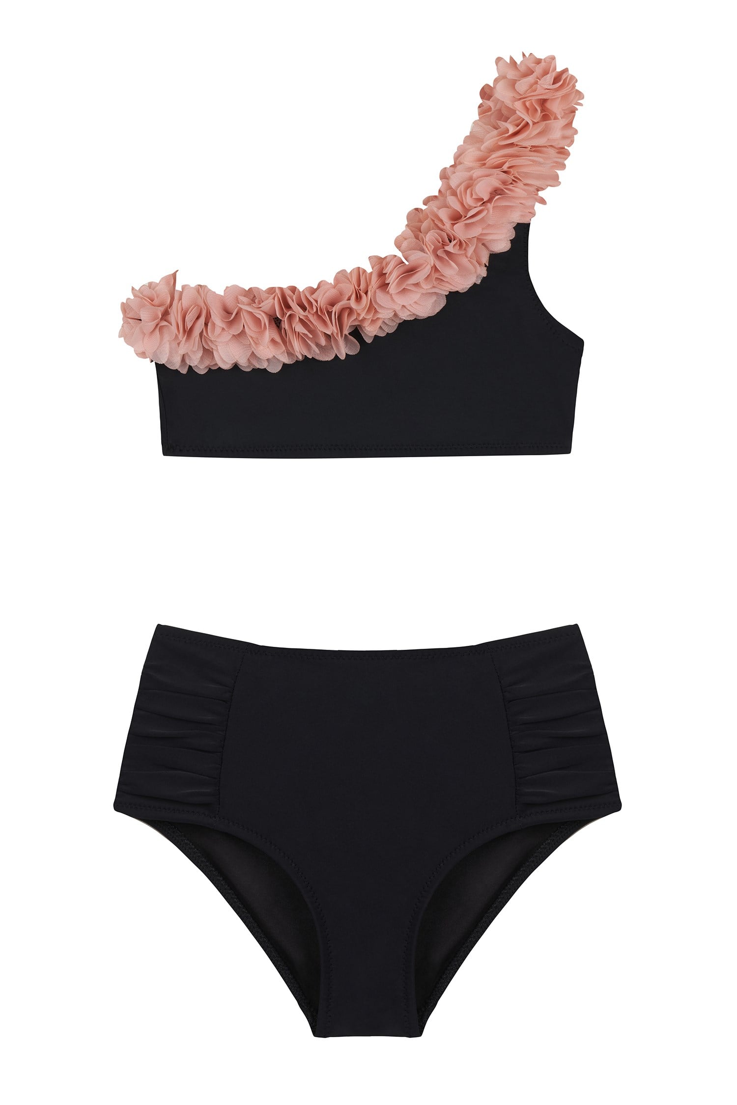 Kids Tek Omuz Şifon Çiçek Detaylı Siyah Bikini Takım
