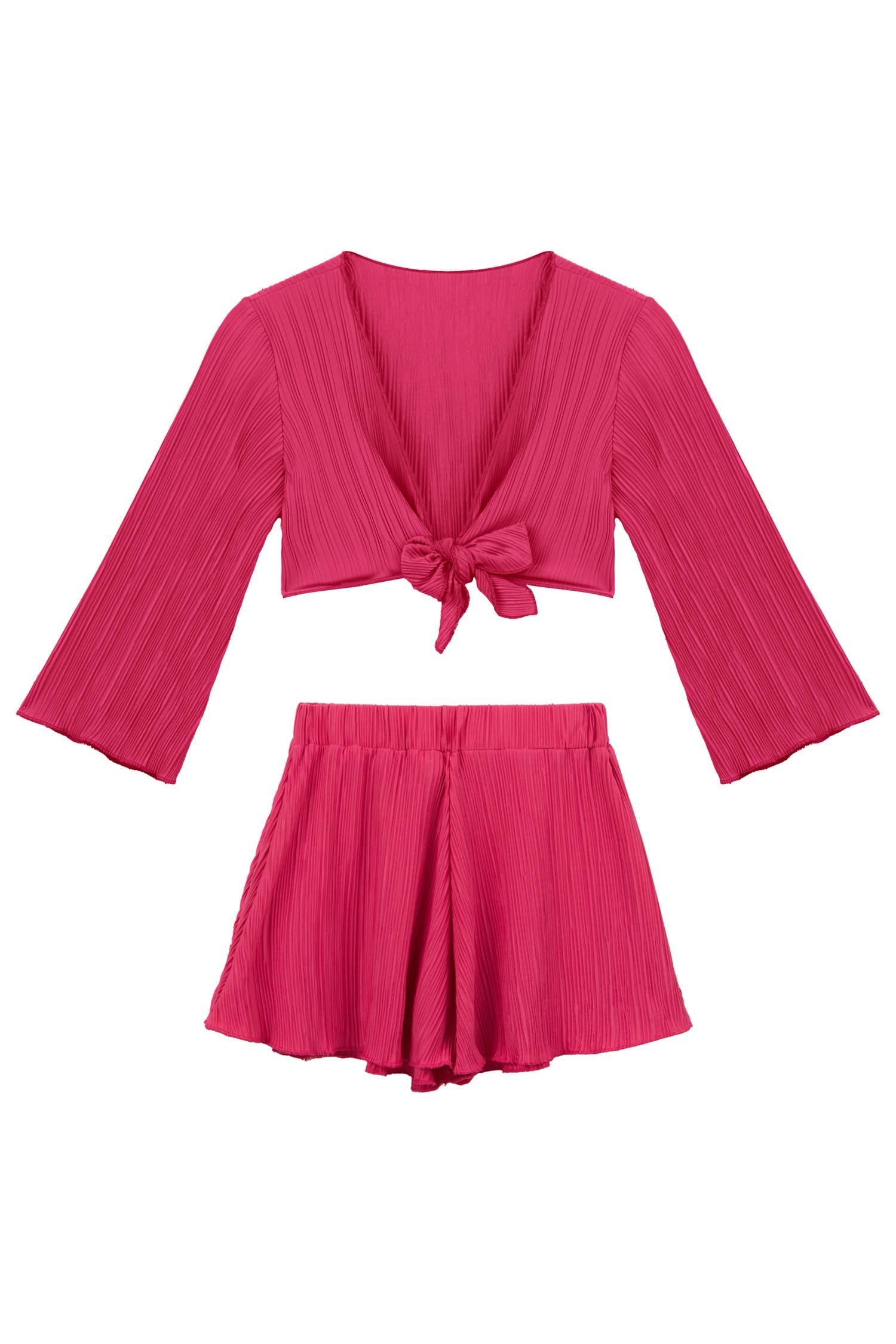 Kız Çocuk Pilili Pembe Crop Top-Şort Takım