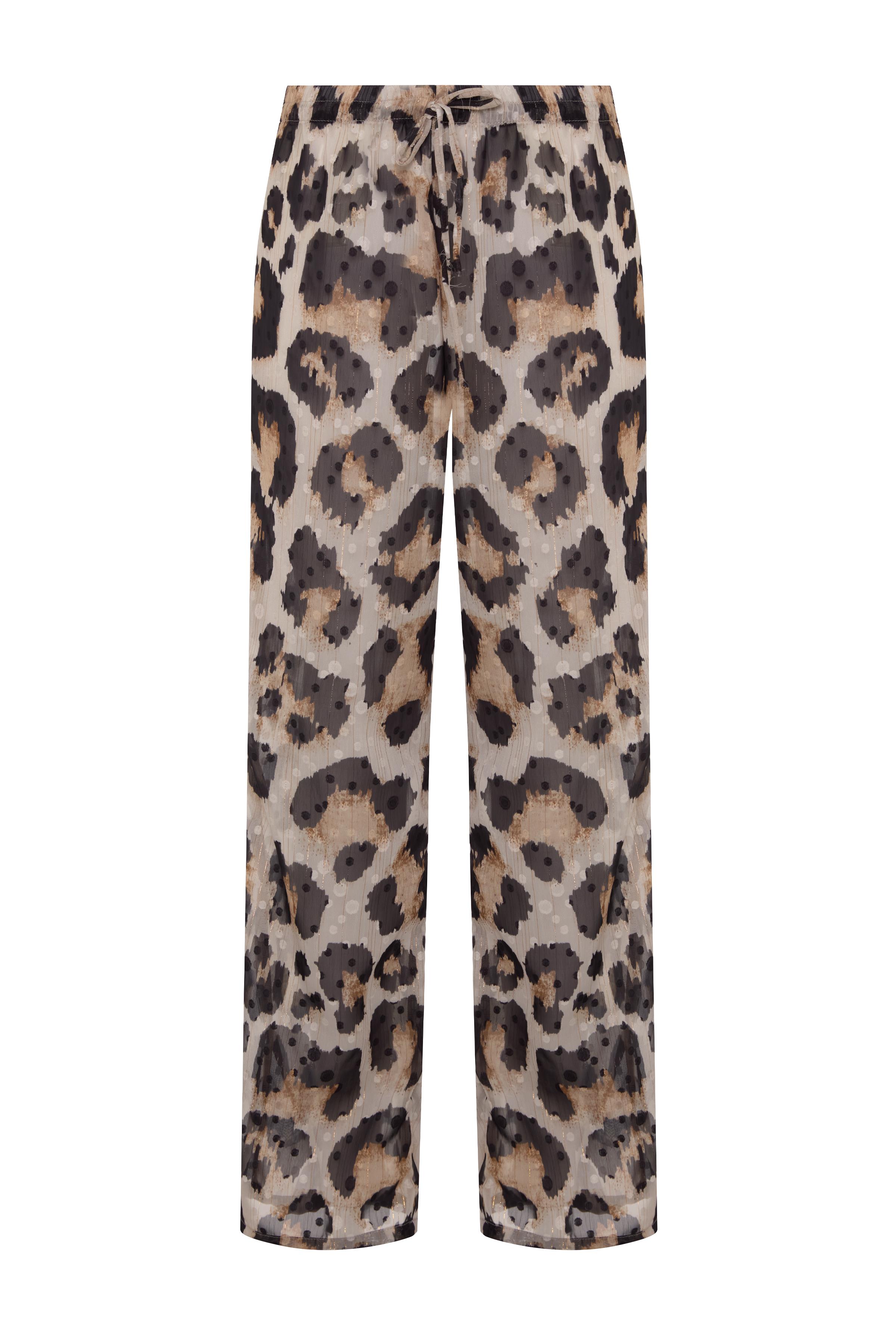 Simli Leopar Desen Bağcıklı Pantolon