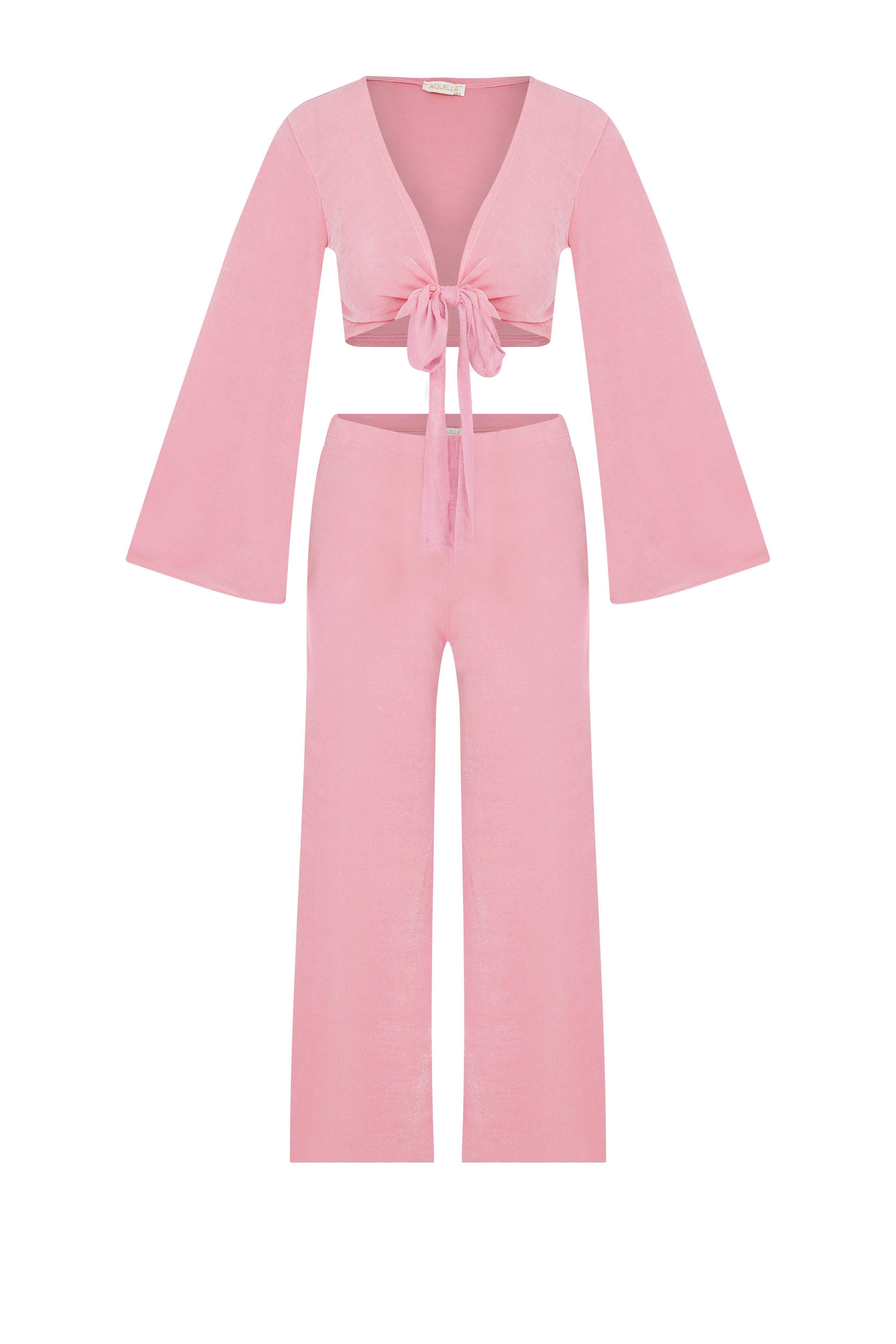 Crop Top-Pantolon Buzi Pembe İkili Takım