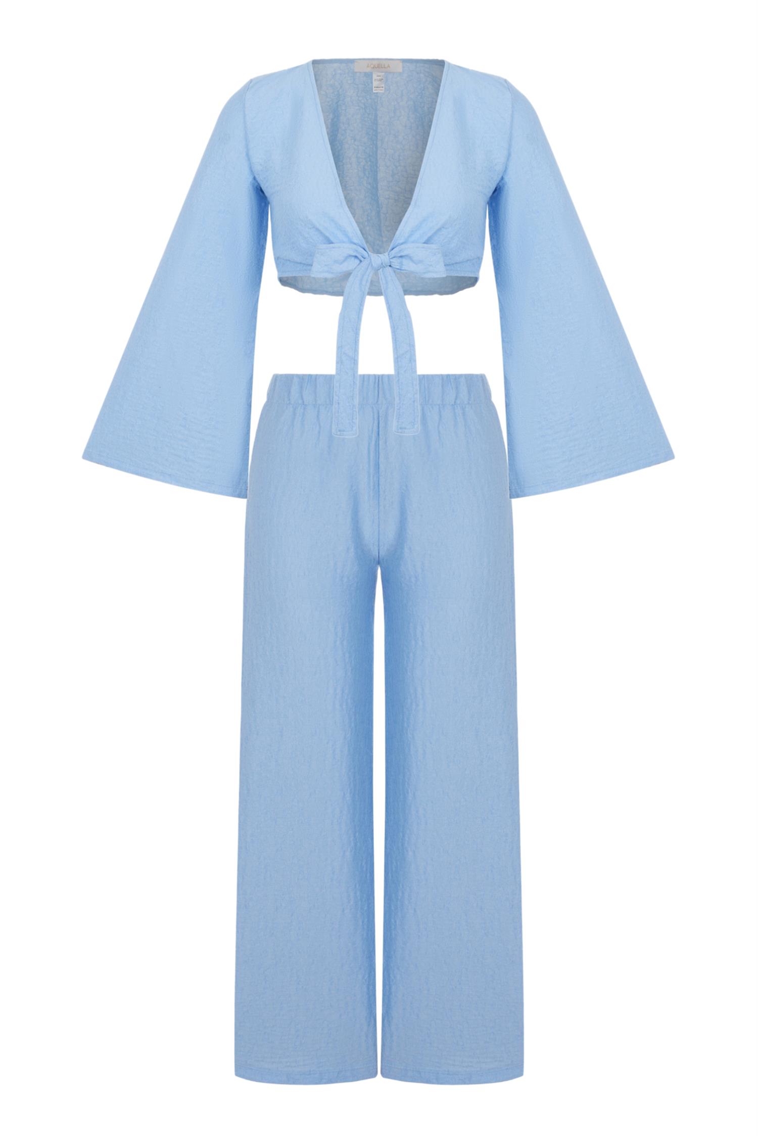 Crop Top-Pantolon Dokulu Mavi İkili Takım