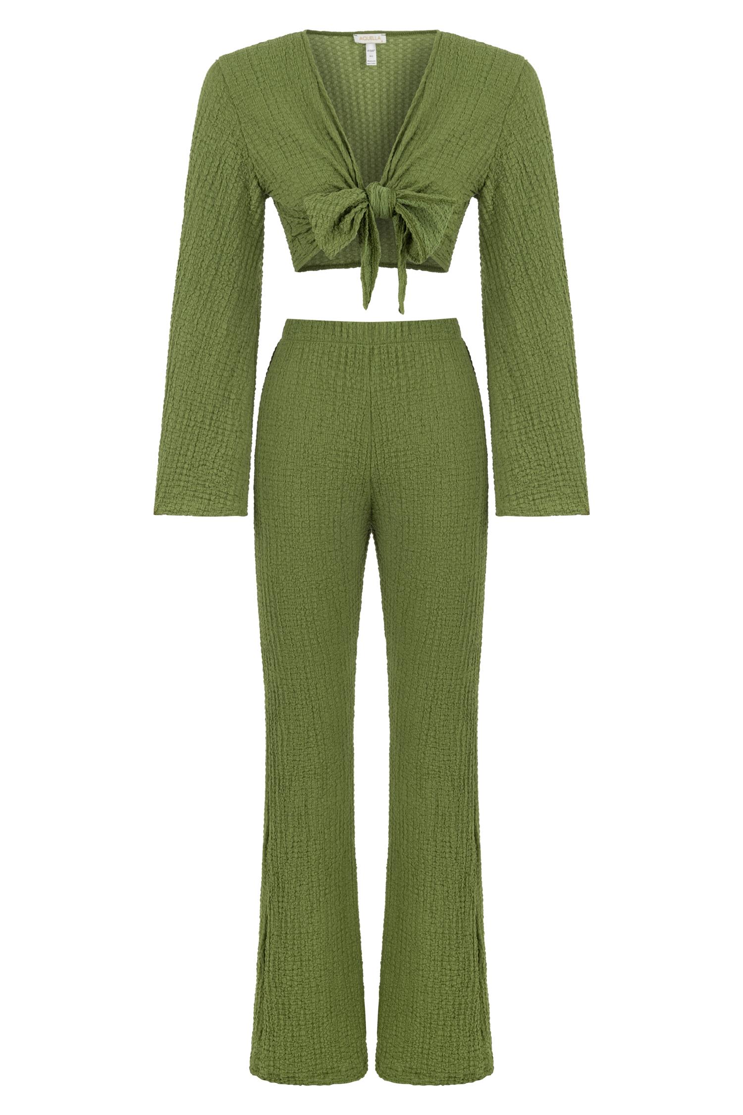 Crop-Top Pantolon Dokulu Yeşil Takım
