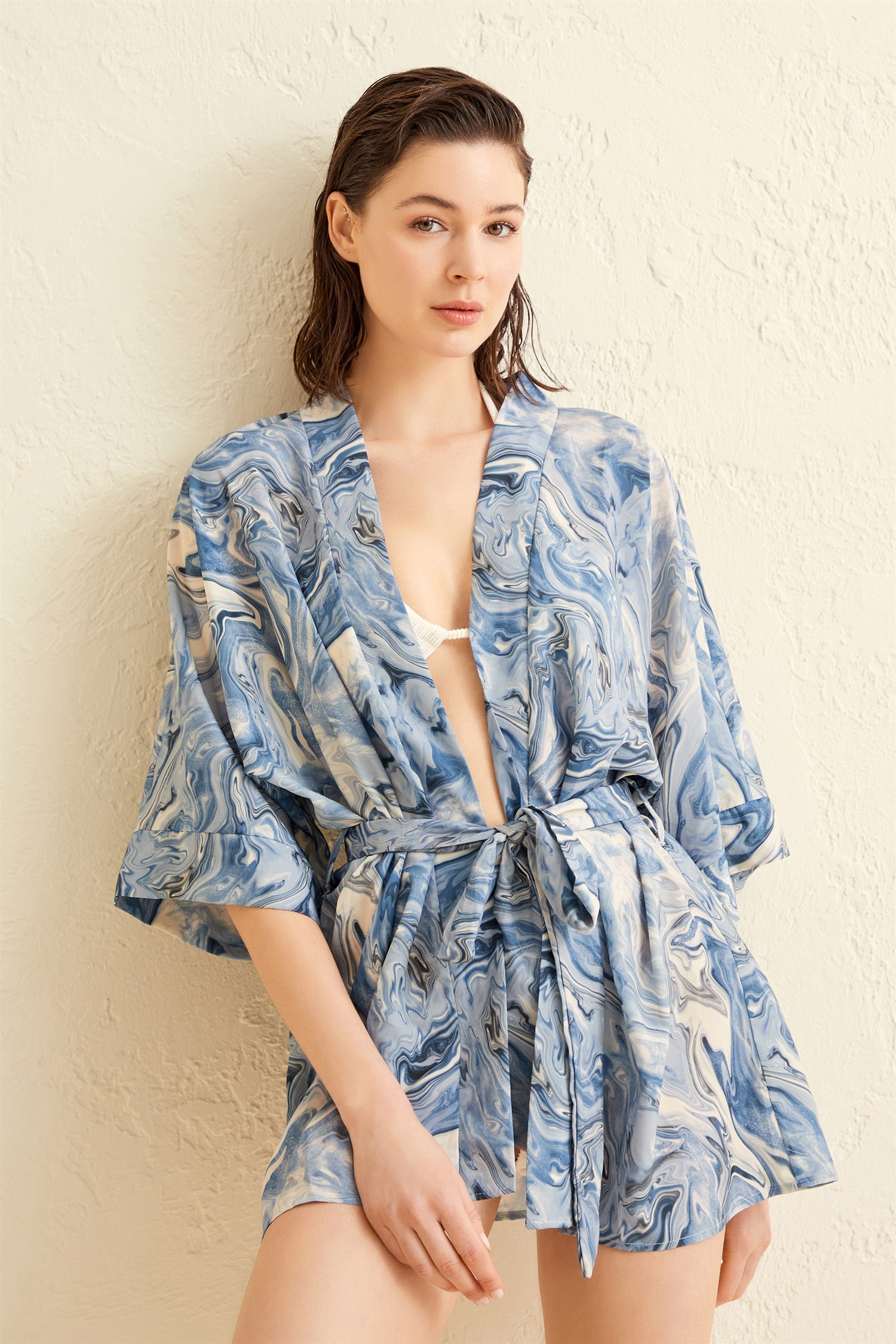Suluboya Desenli İndigo Kimono