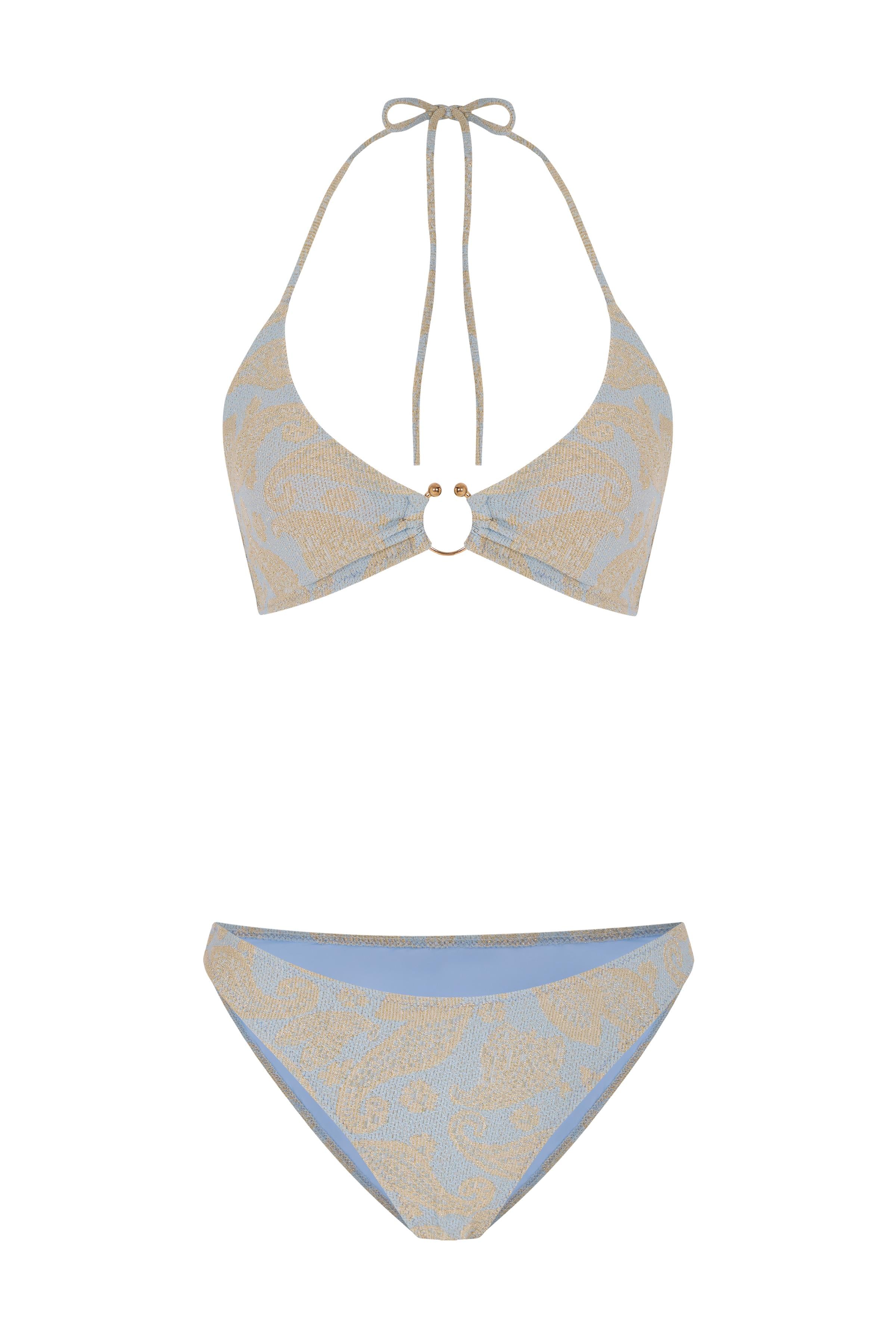 Ajurlu Simli Bebe Mavi Aksesuarlı Üçgen Bikini Takım
