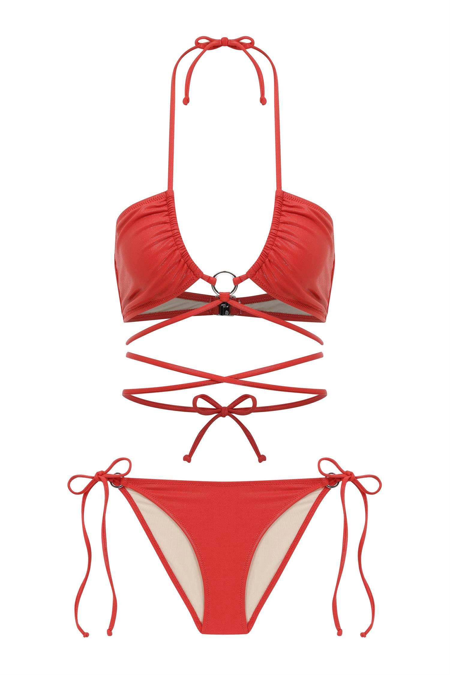Aksesuarlı Bağlamalı Halter Yaka Parlak Kırmızı Bikini Takım
