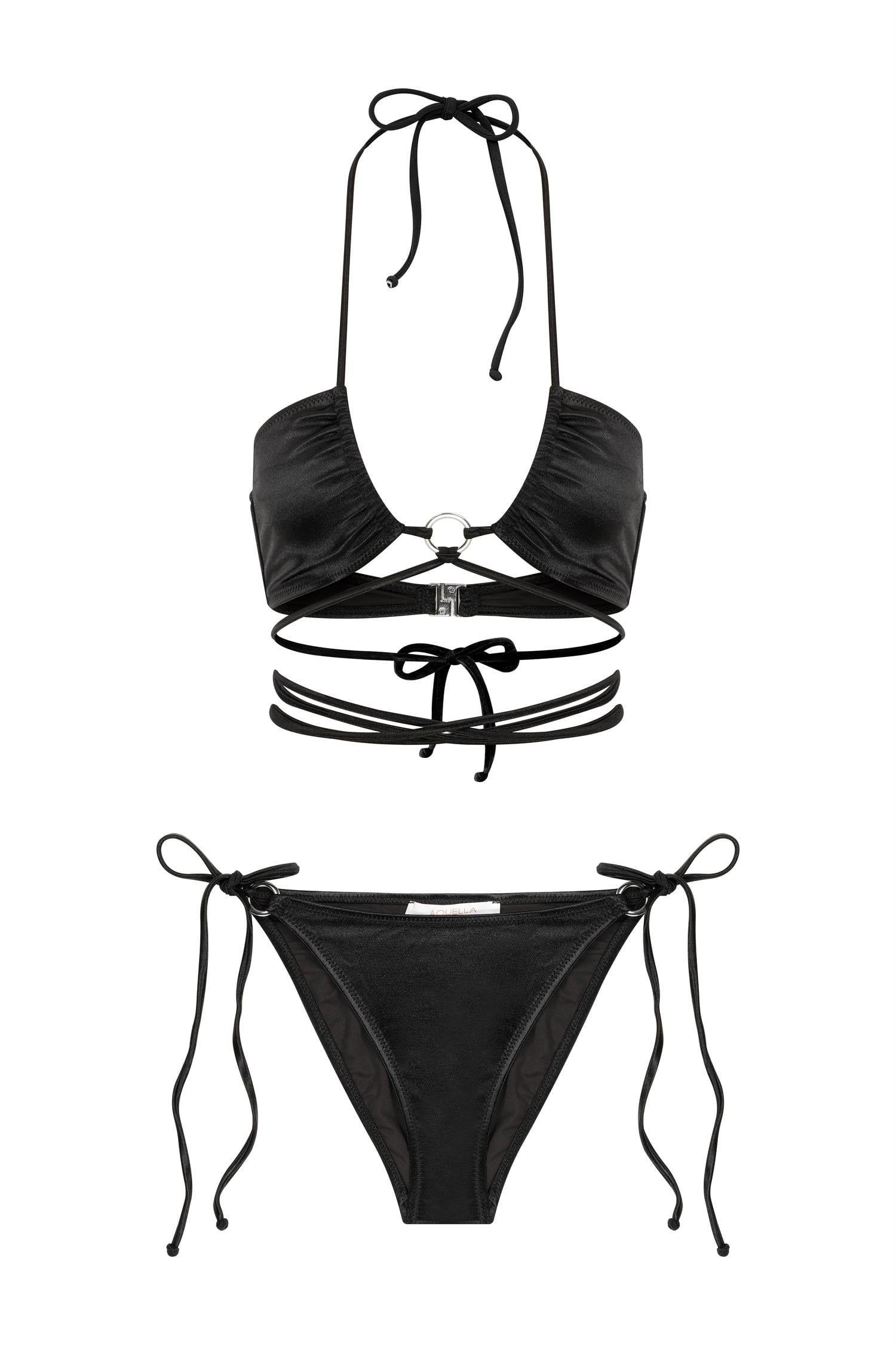 Aksesuarlı Bağlamalı Halter Yaka Parlak Saten Siyah Bikini Takım