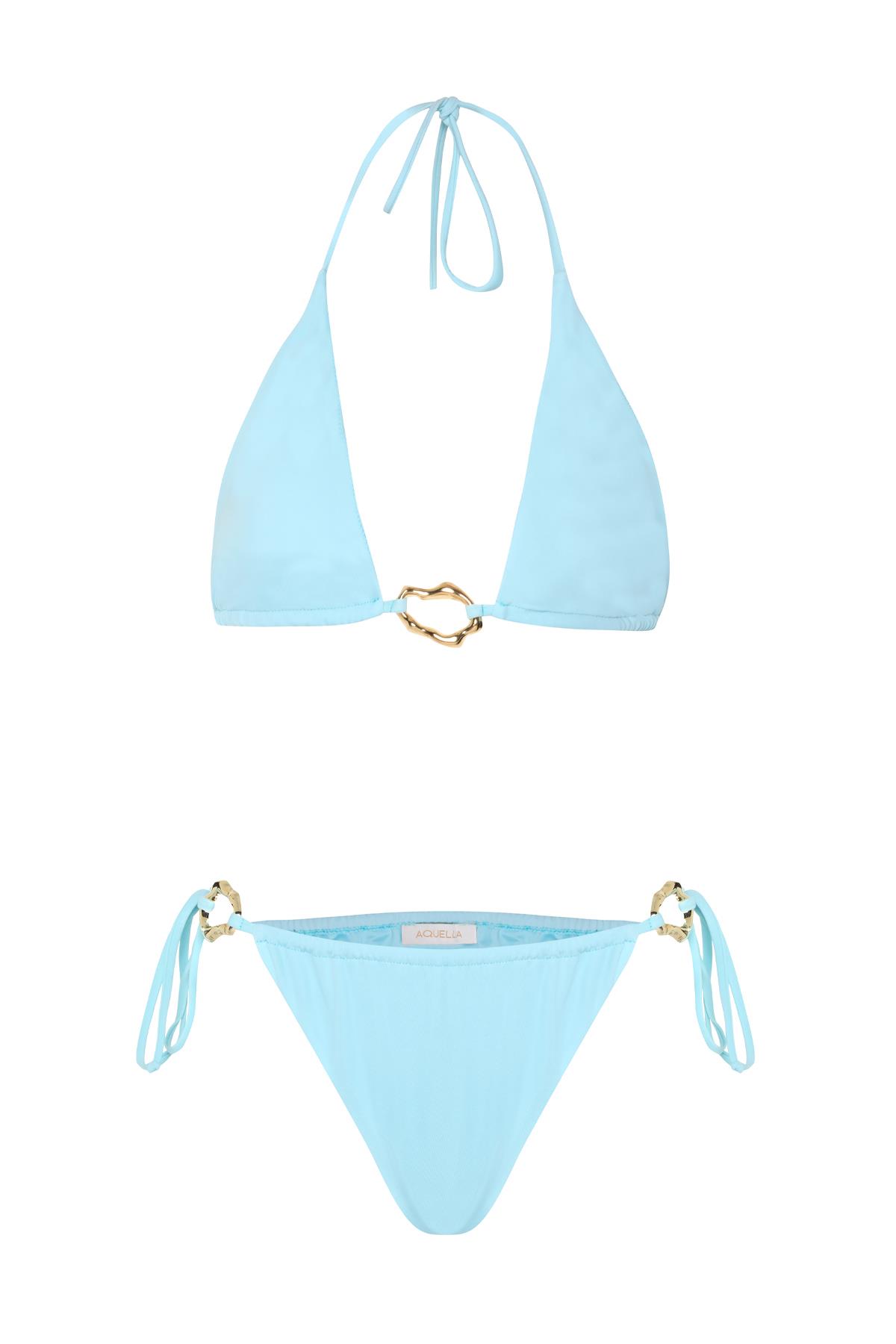 Aksesuarlı Bebe Mavisi Uzun Üçgen Bikini Takım
