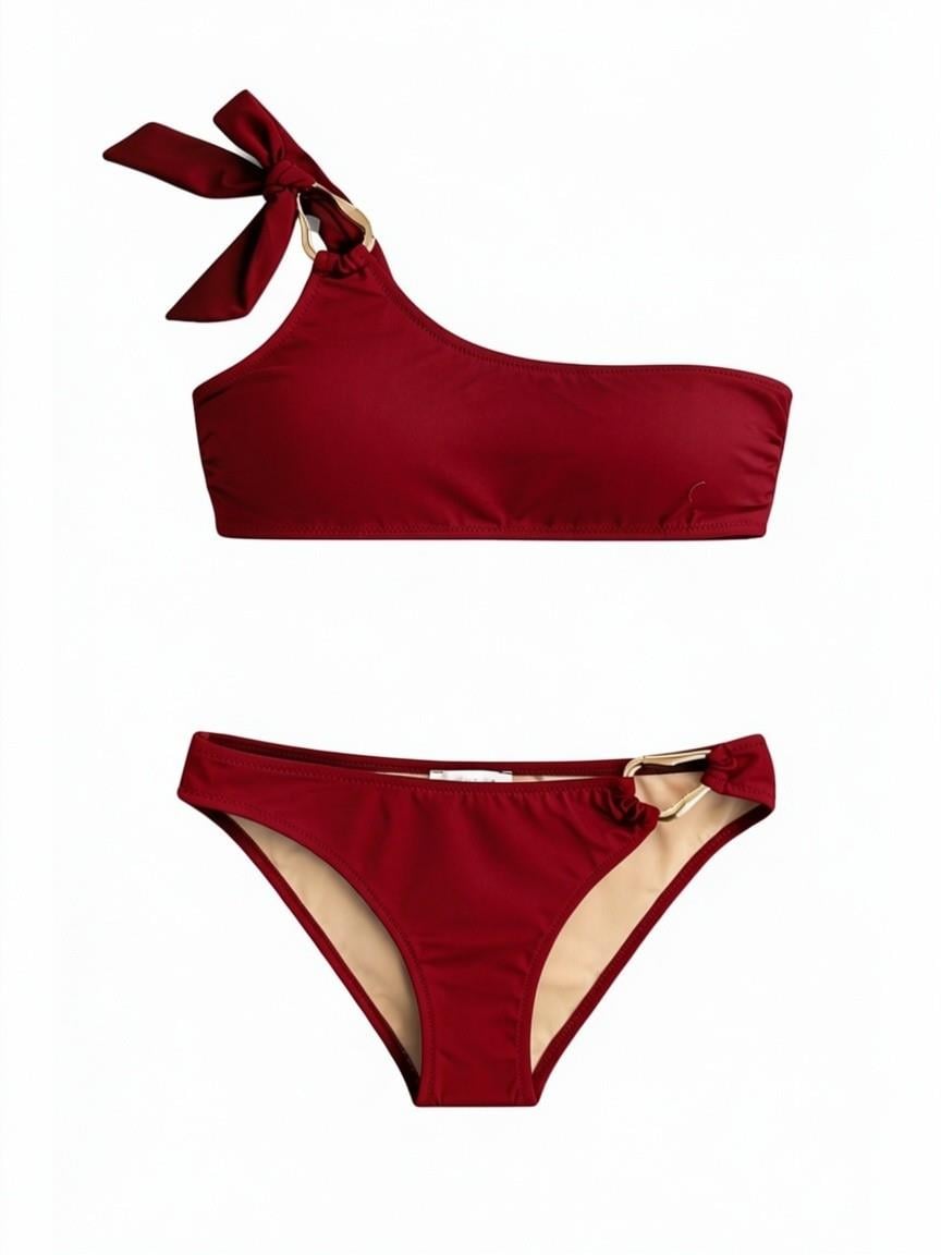Aksesuarlı Bordo Straplez Bikini Takım
