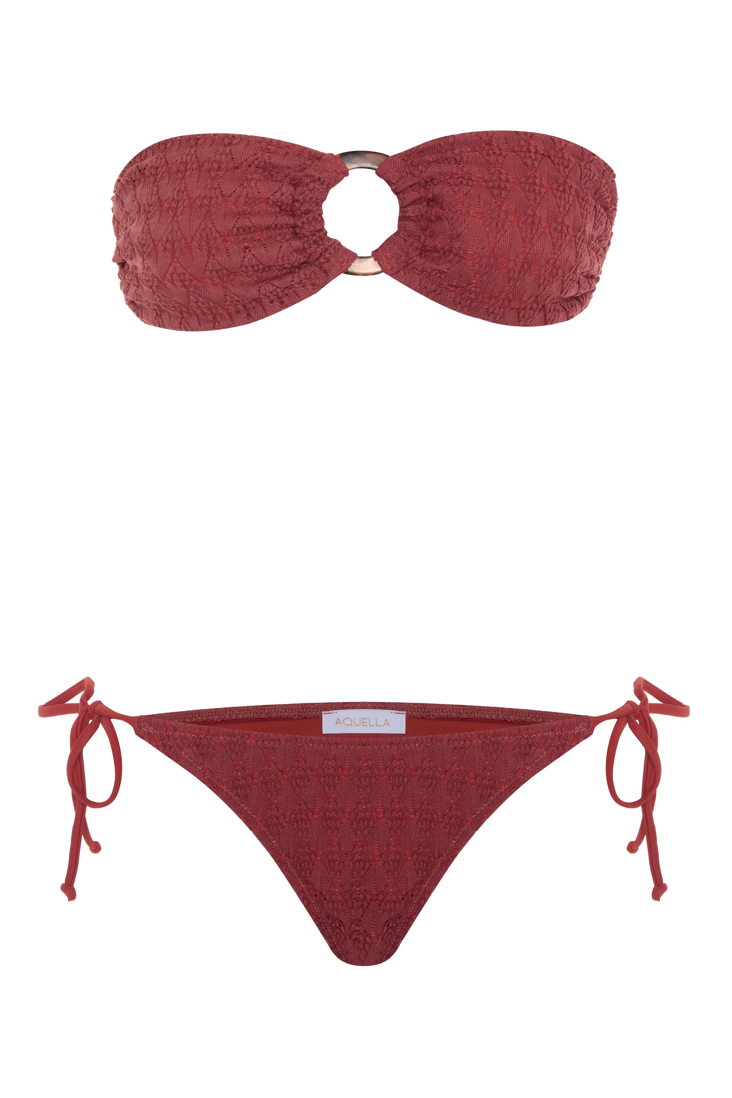 Aksesuarlı Bordo Straplez Bikini Takım