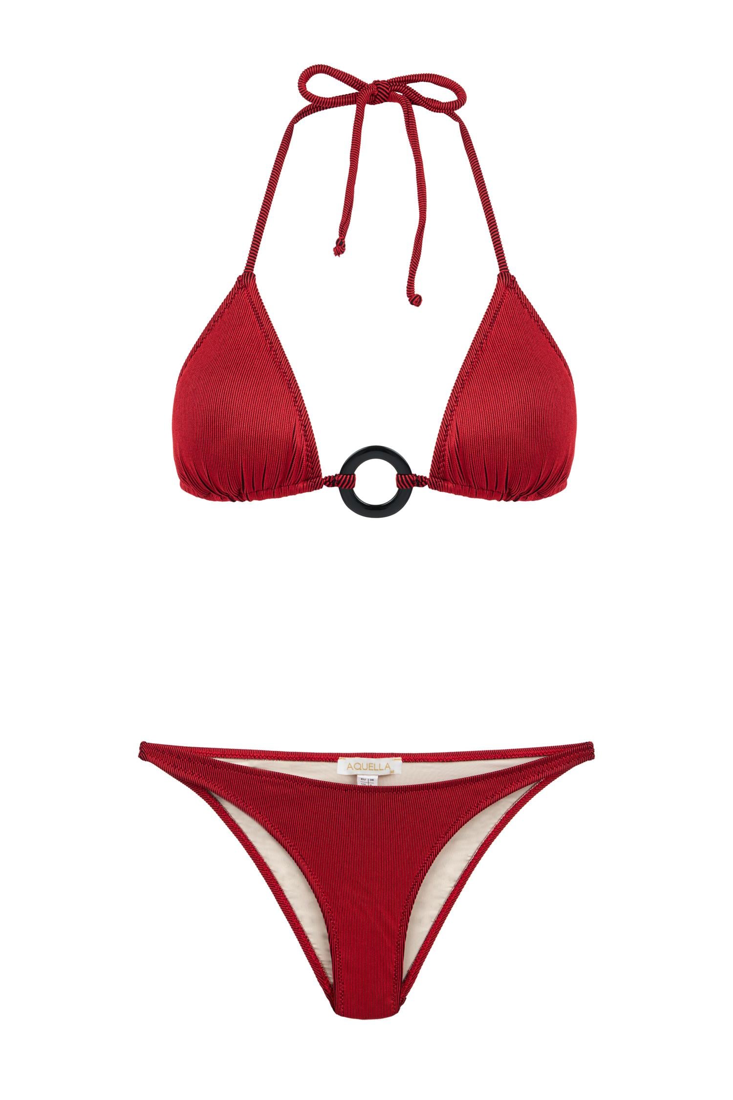 Aksesuarlı Dokulu Kırmızı Üçgen Bikini Takımı