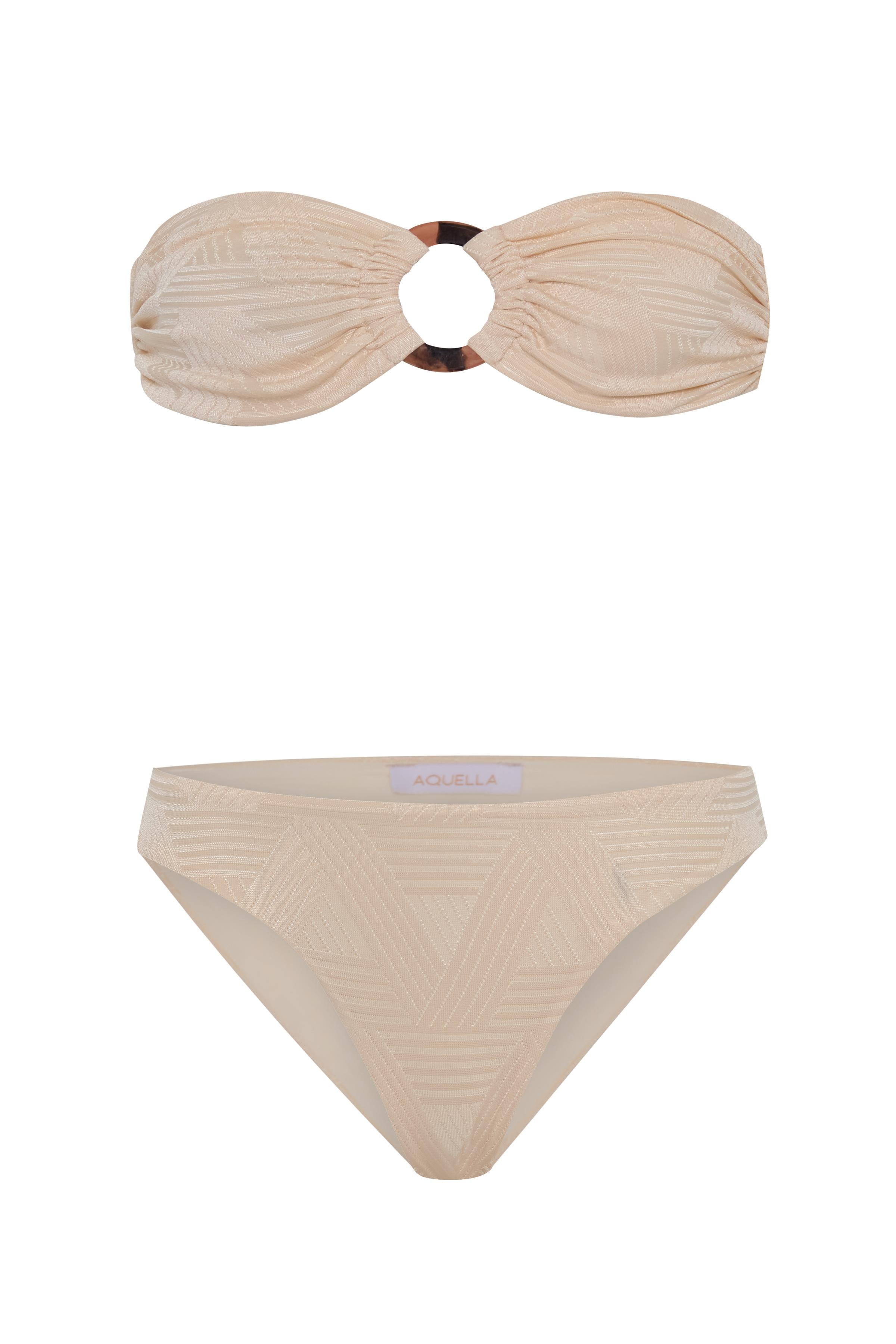 Aksesuarlı Dokulu Krem Straplez Bikini Takım