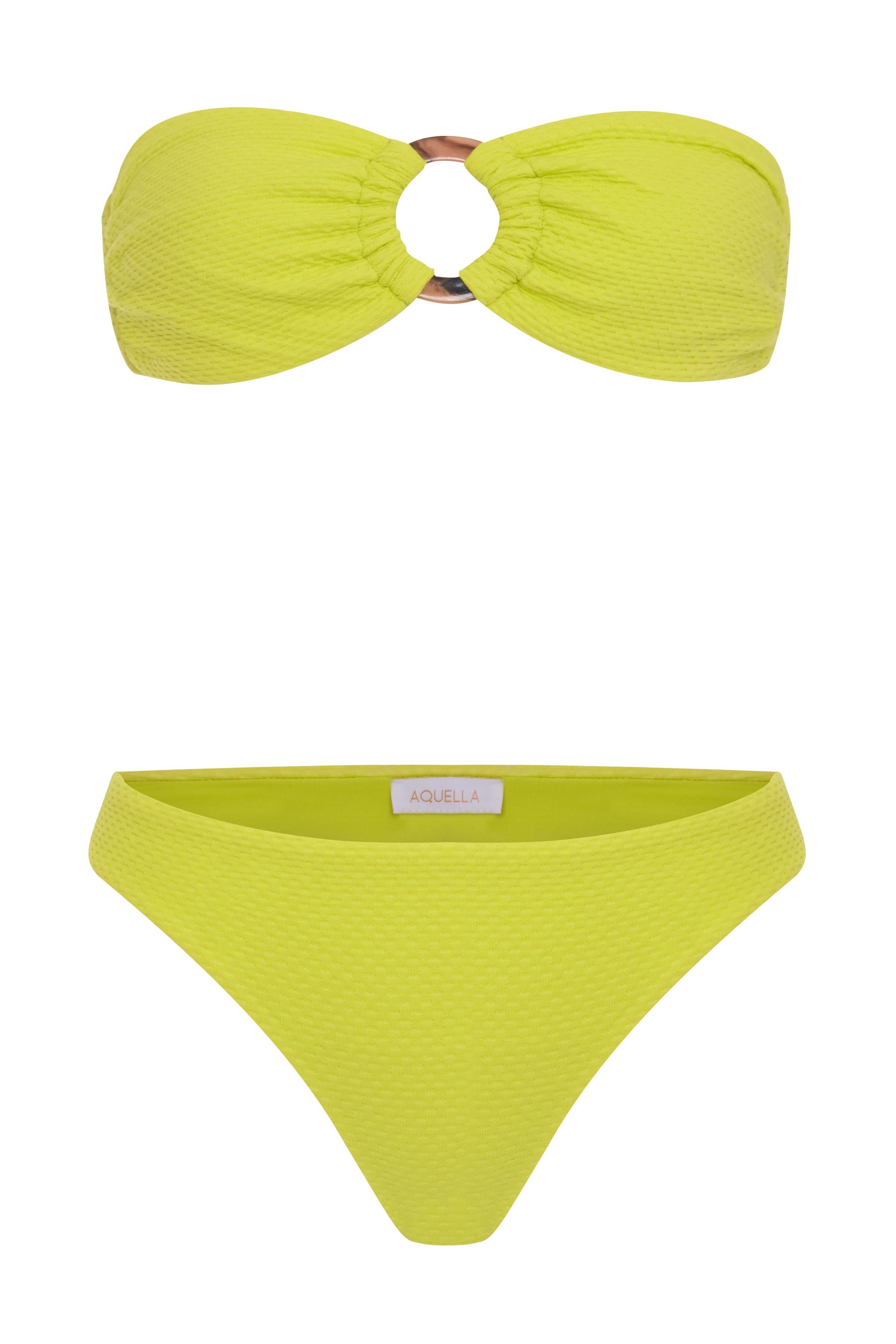 Aksesuarlı Dokulu Neon Yeşil Straplez Bikini Takım