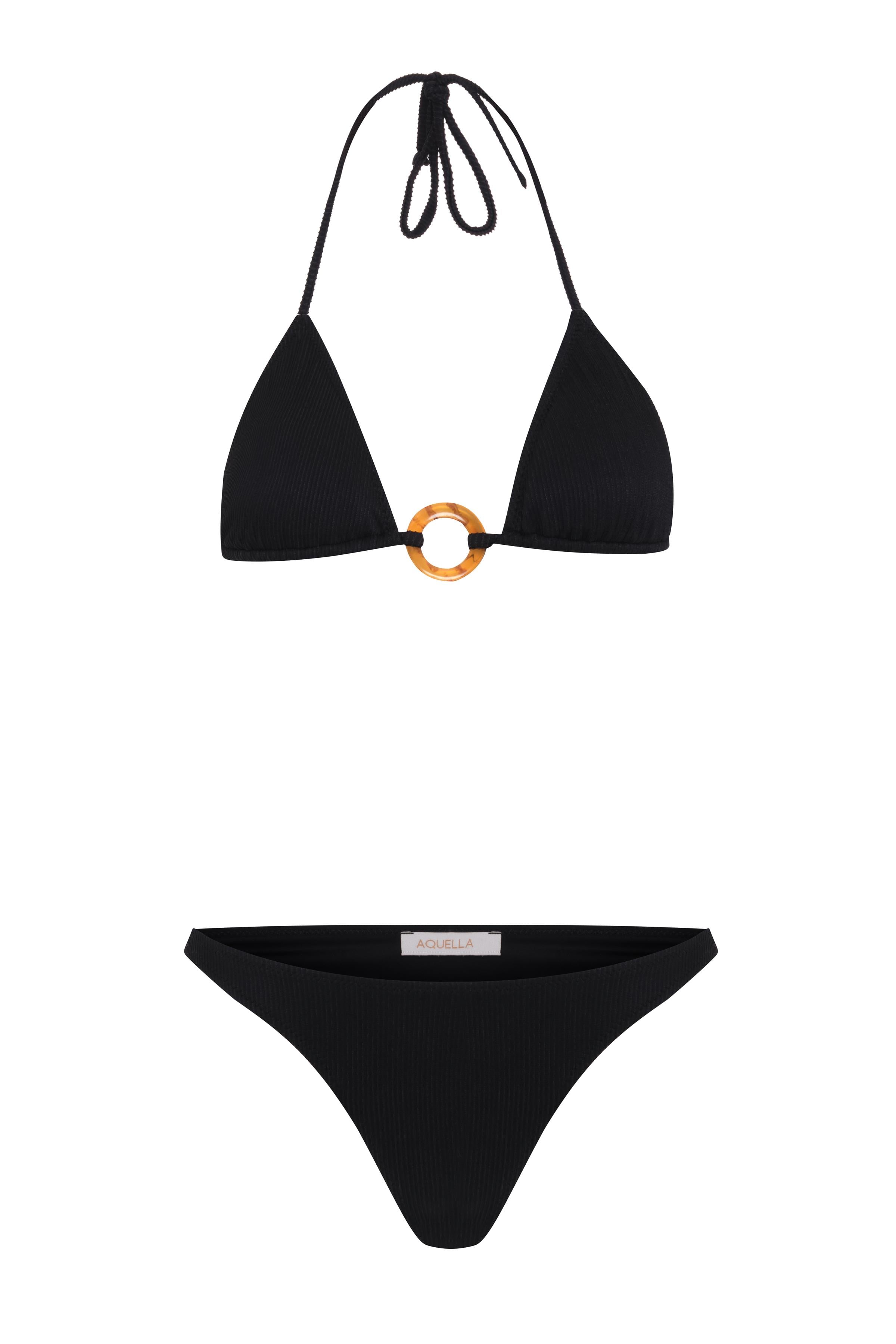 Aksesuarlı Dokulu Siyah Üçgen Bikini Takımı