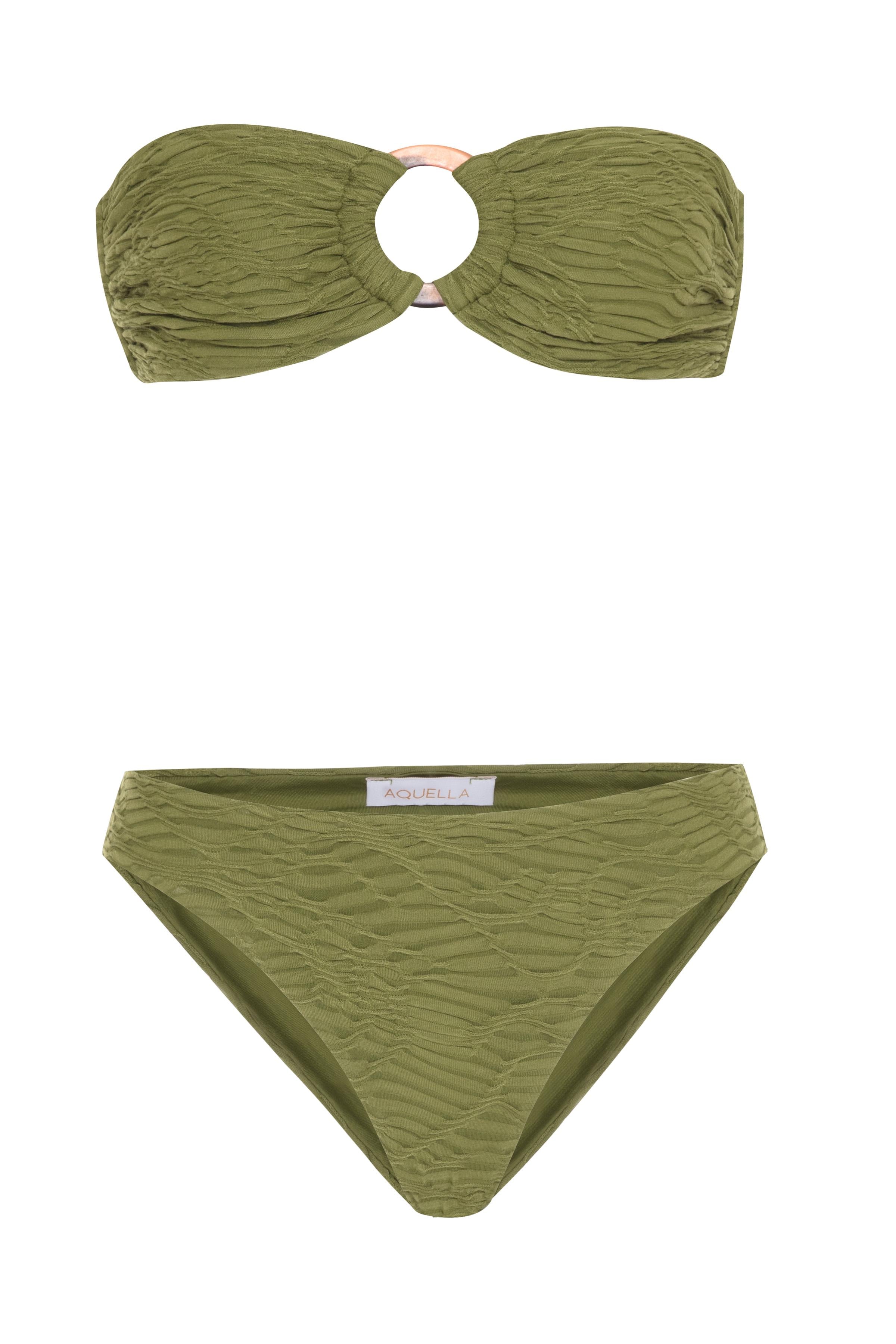 Aksesuarlı Dokulu Yeşil Straplez Bikini Takım