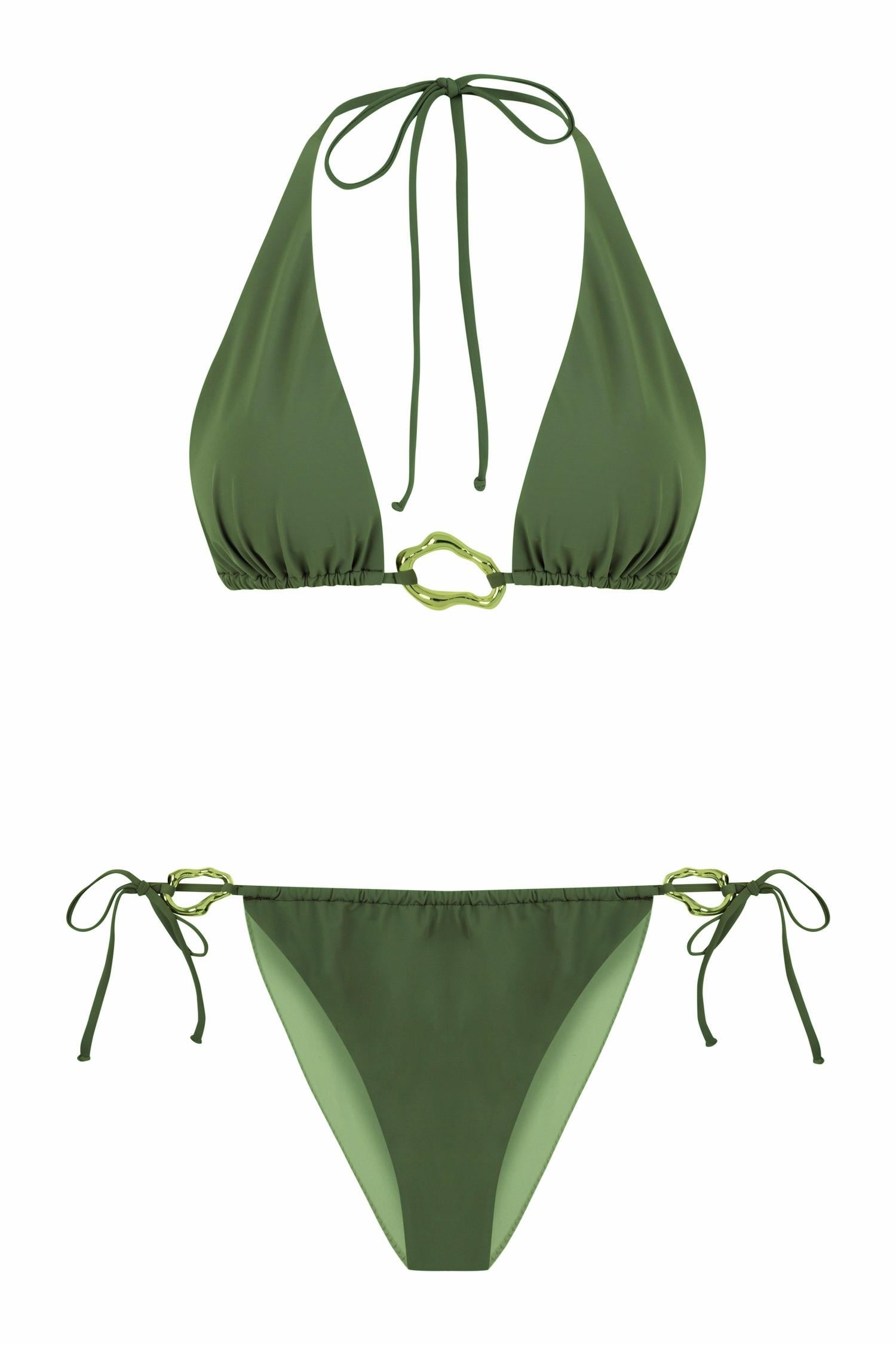Aksesuarlı Haki Uzun Üçgen Bikini Takım