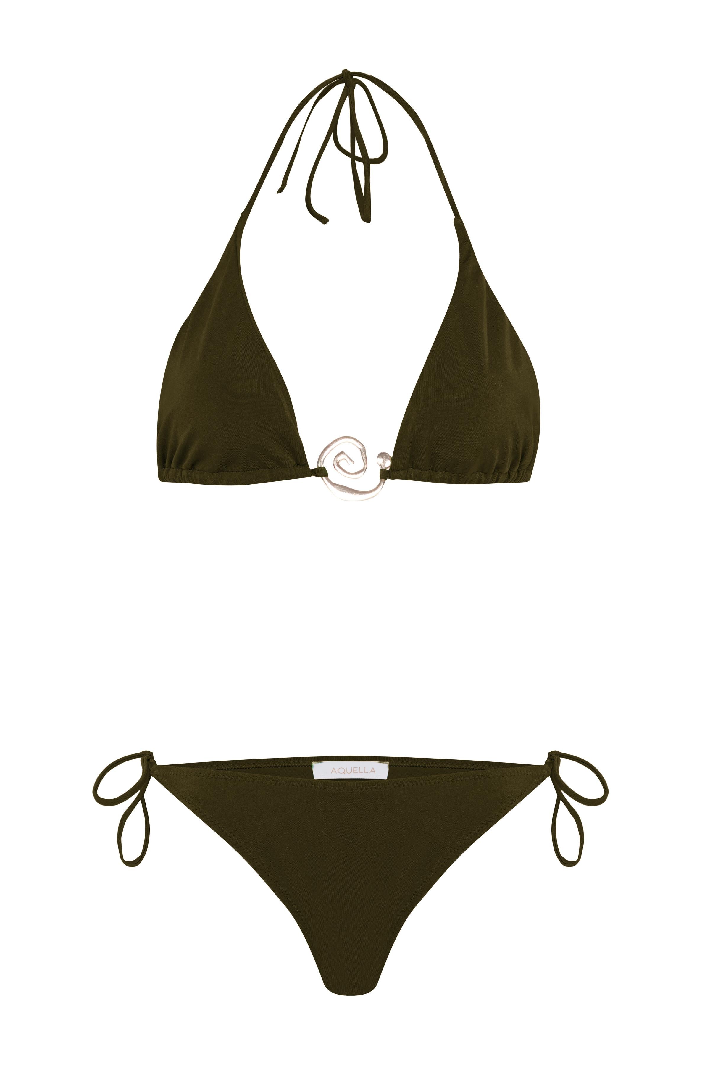 Aksesuarlı Haki Uzun Üçgen Bikini Takım