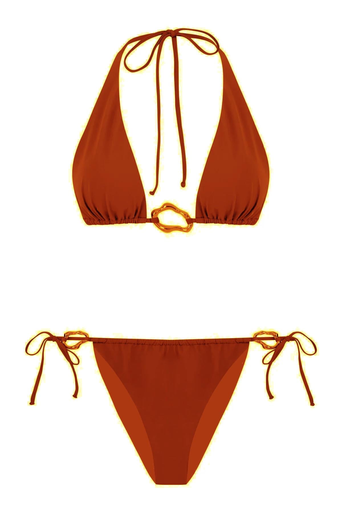 Aksesuarlı Kahverengi Uzun Üçgen Bikini Takım
