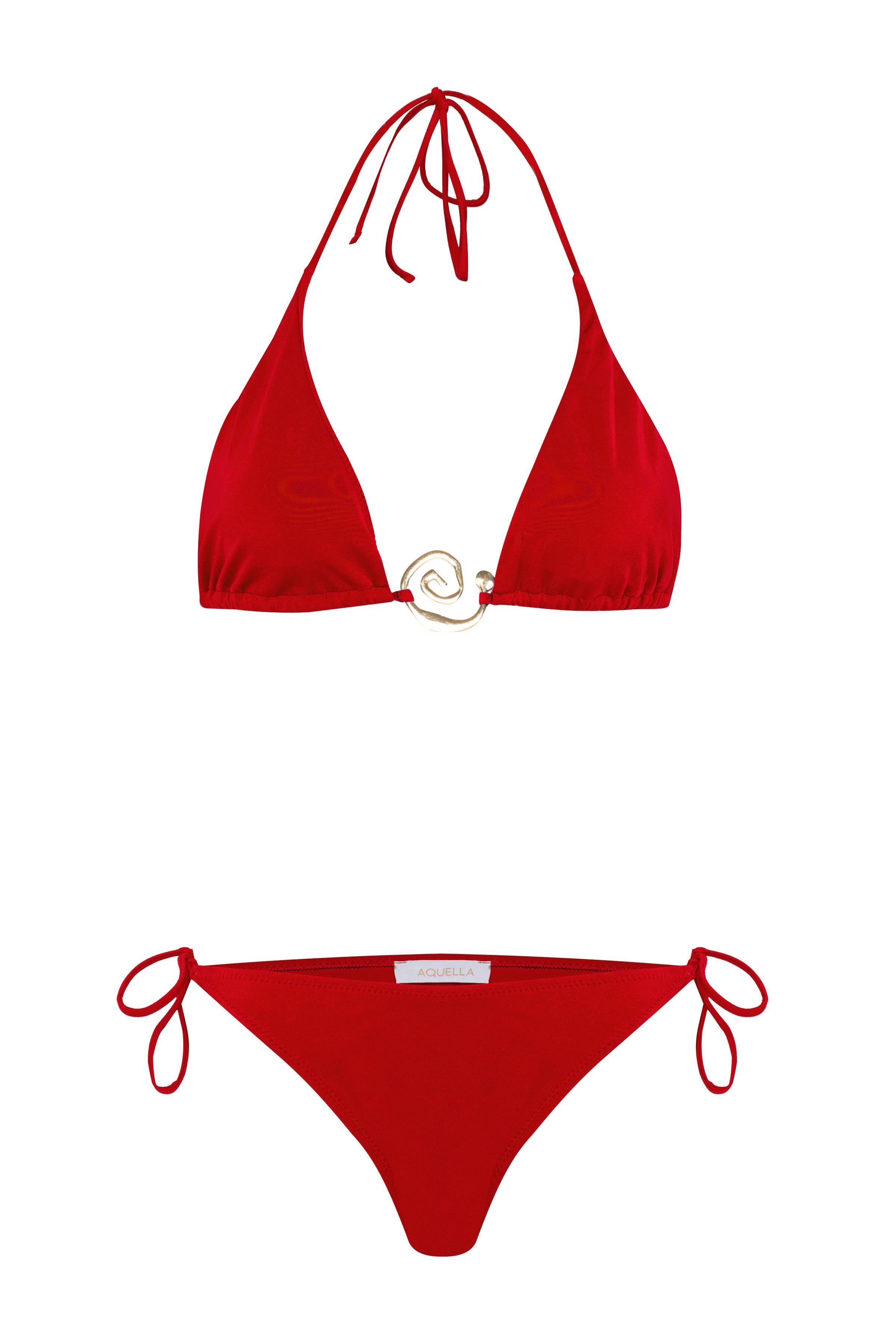 Aksesuarlı Kırmızı Uzun Üçgen Bikini Takım
