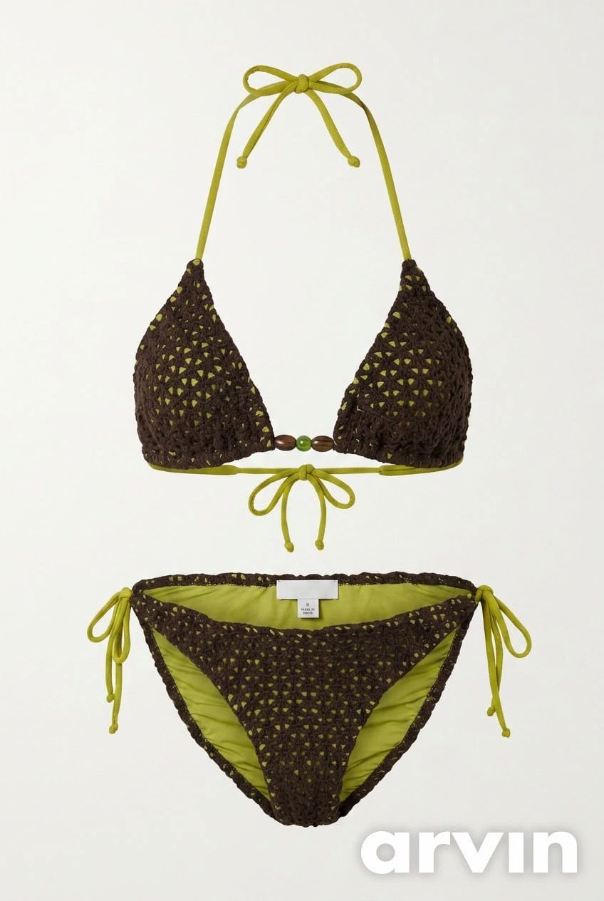 Aksesuarlı Koyu Kahve Triko Bikini Takım