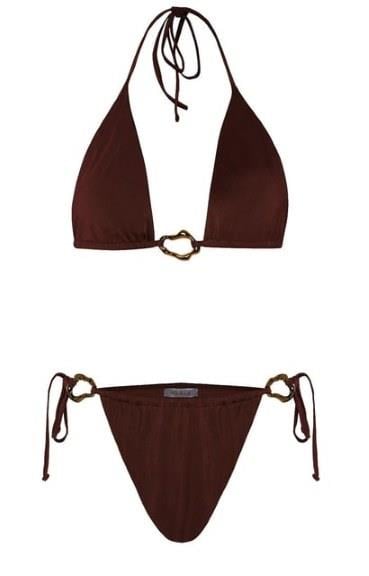 Aksesuarlı Koyu Kahverengi Uzun Üçgen Bikini Takım