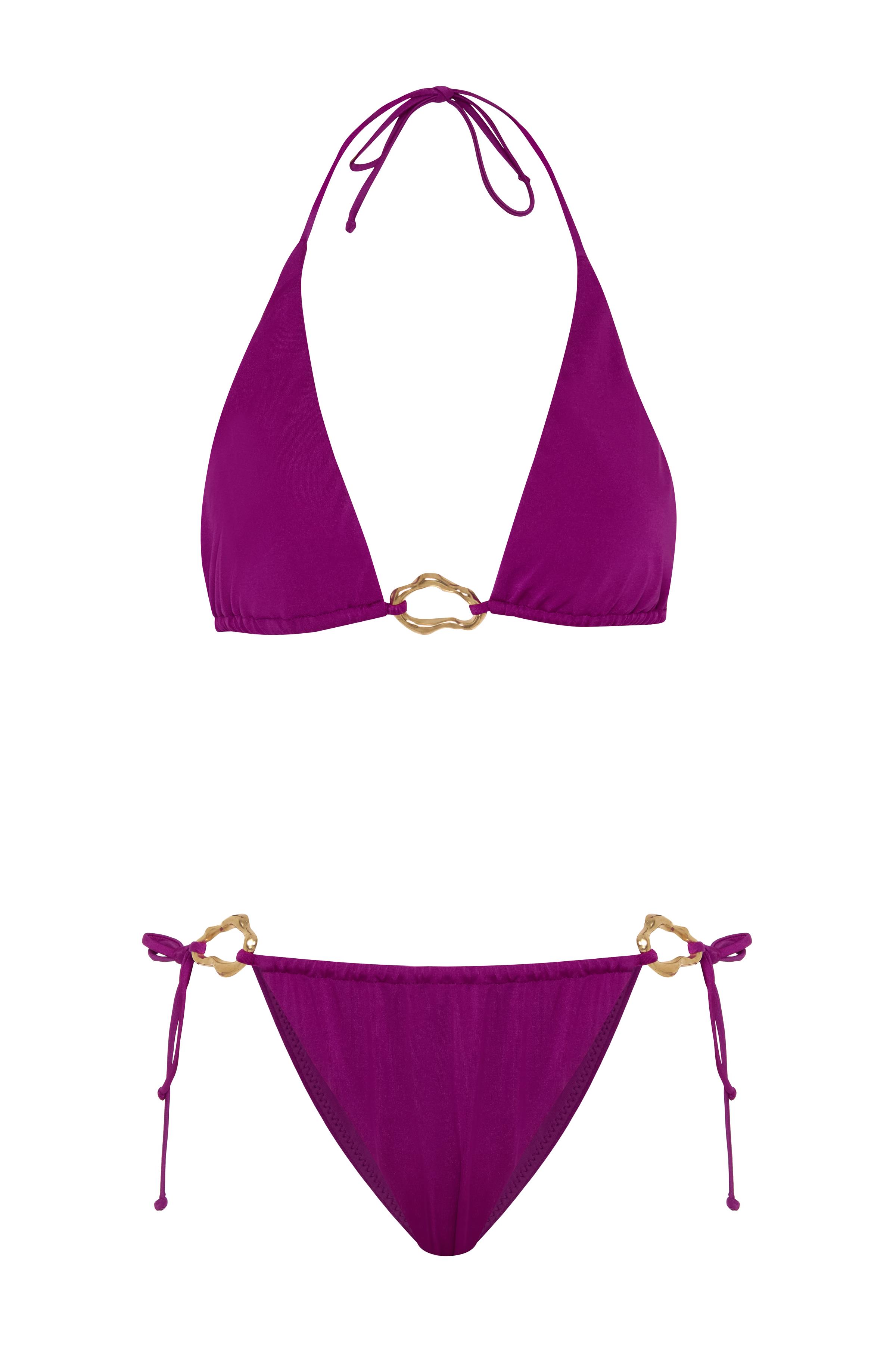 Aksesuarlı Mor Uzun Üçgen Bikini Takım