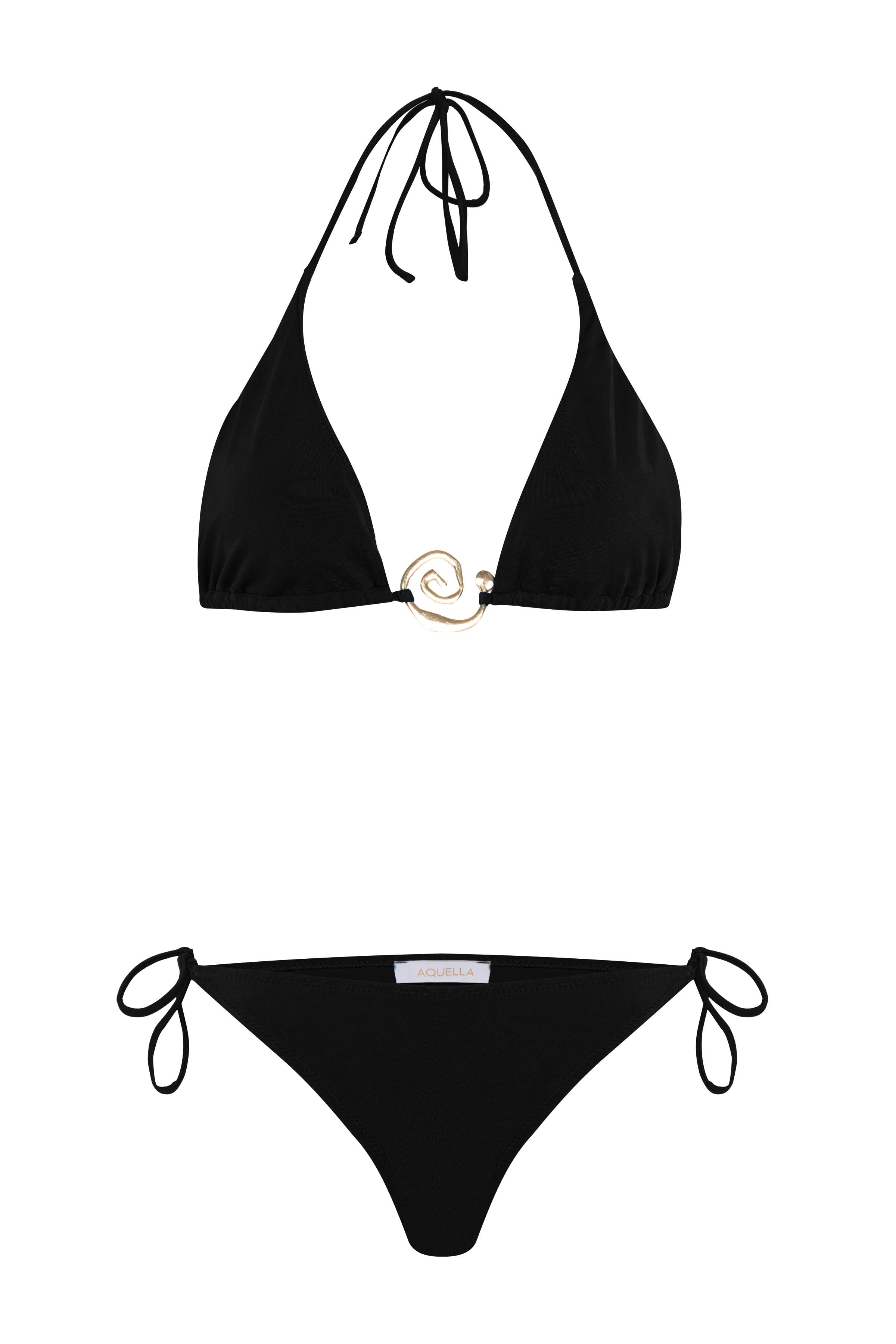 Aksesuarlı Siyah Uzun Üçgen Bikini Takım