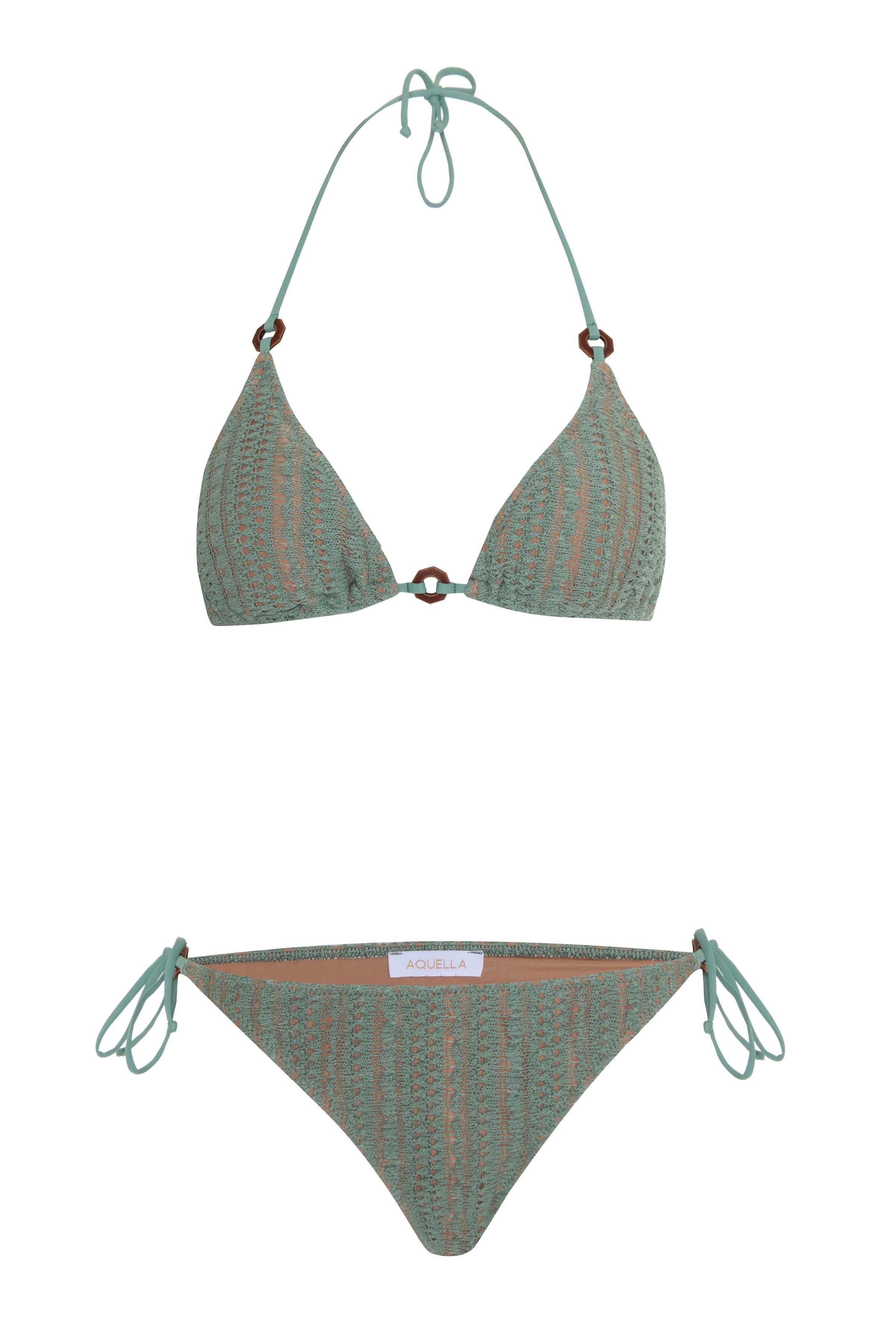 Aksesuarlı Triko Haki Üçgen Bikini Takım