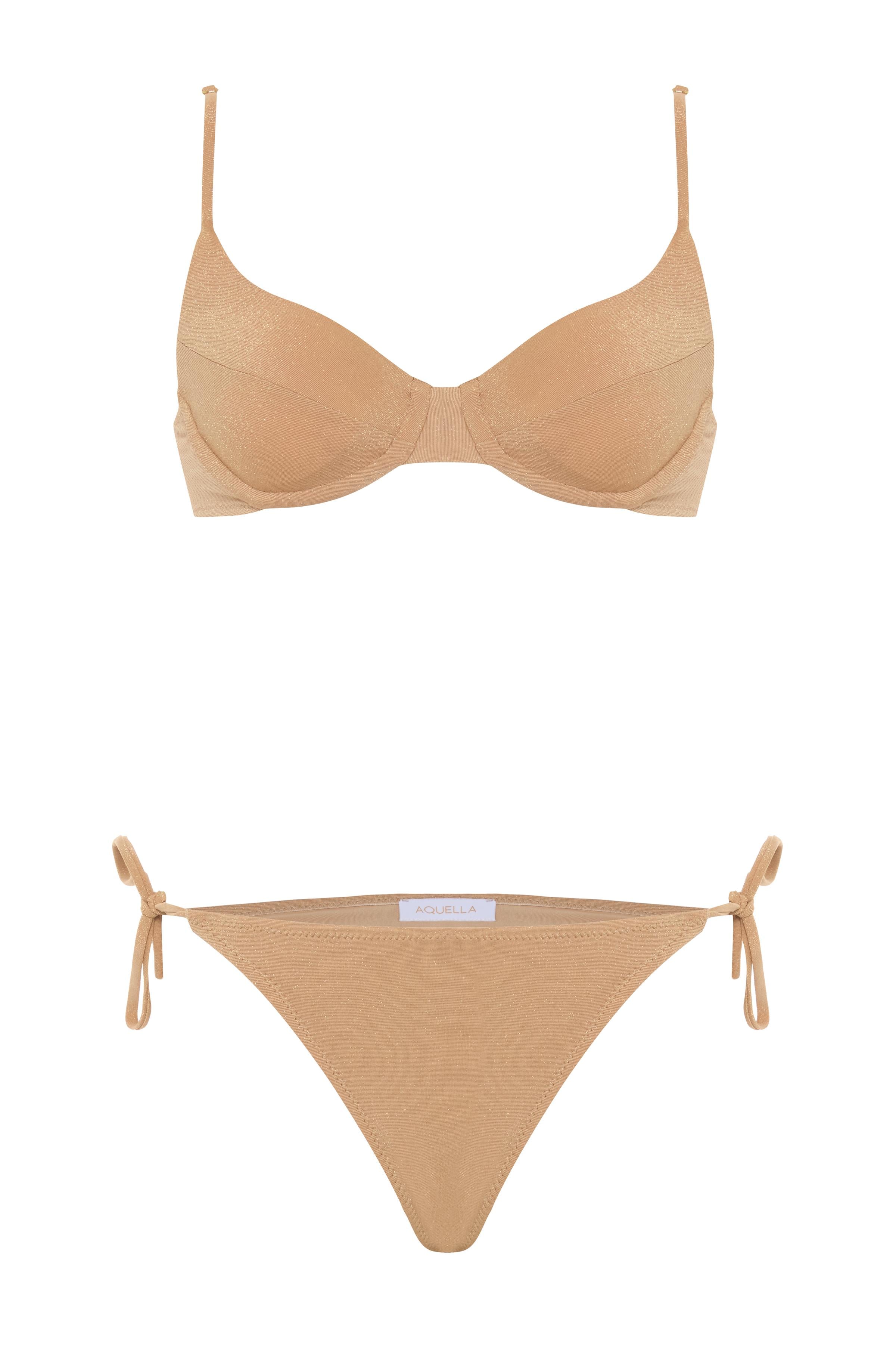 Arkası Büzgülü Gold Lurex Balenli Bikini Takım
