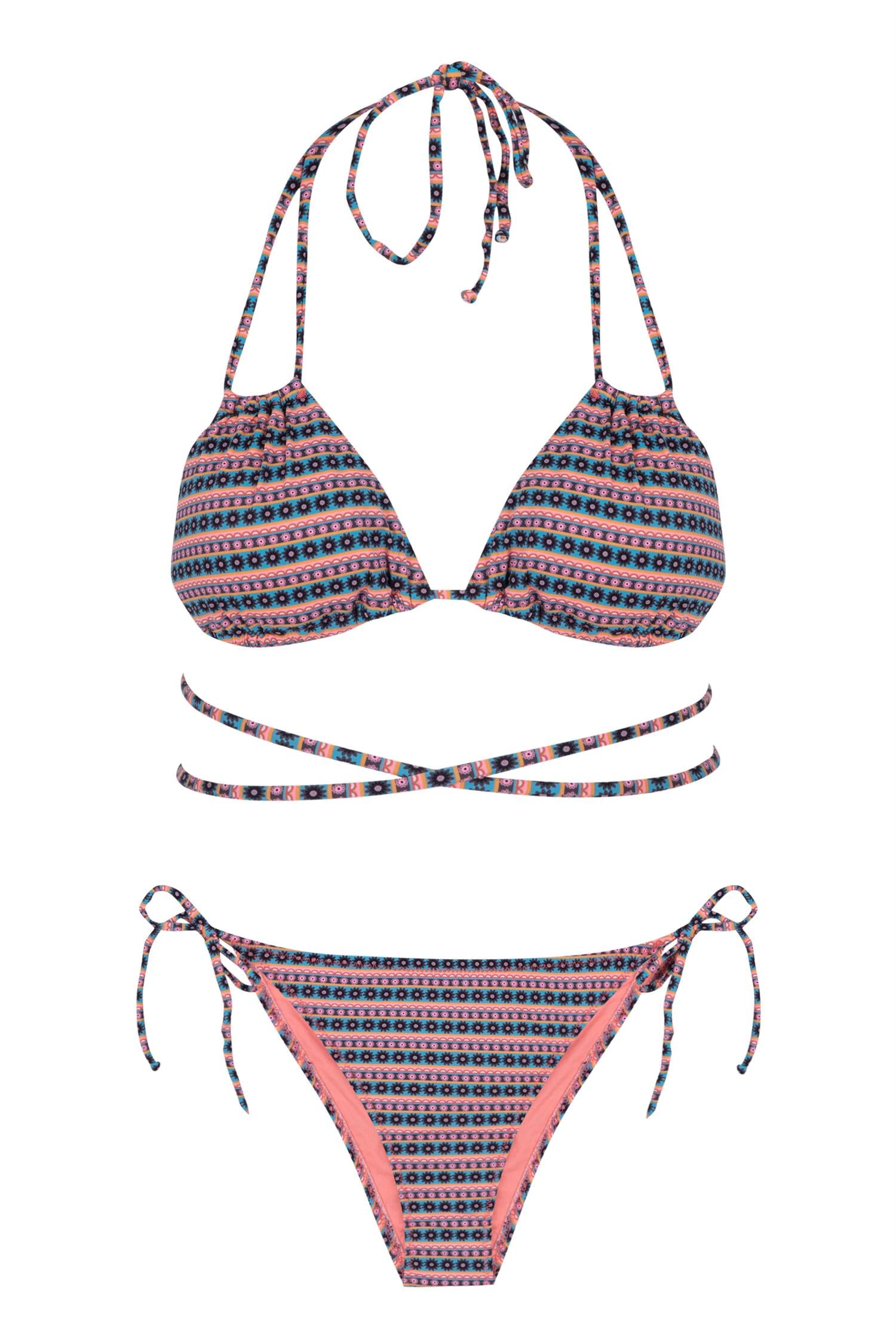 Bağlama Detaylı Desenli Üçgen Bikini Takım