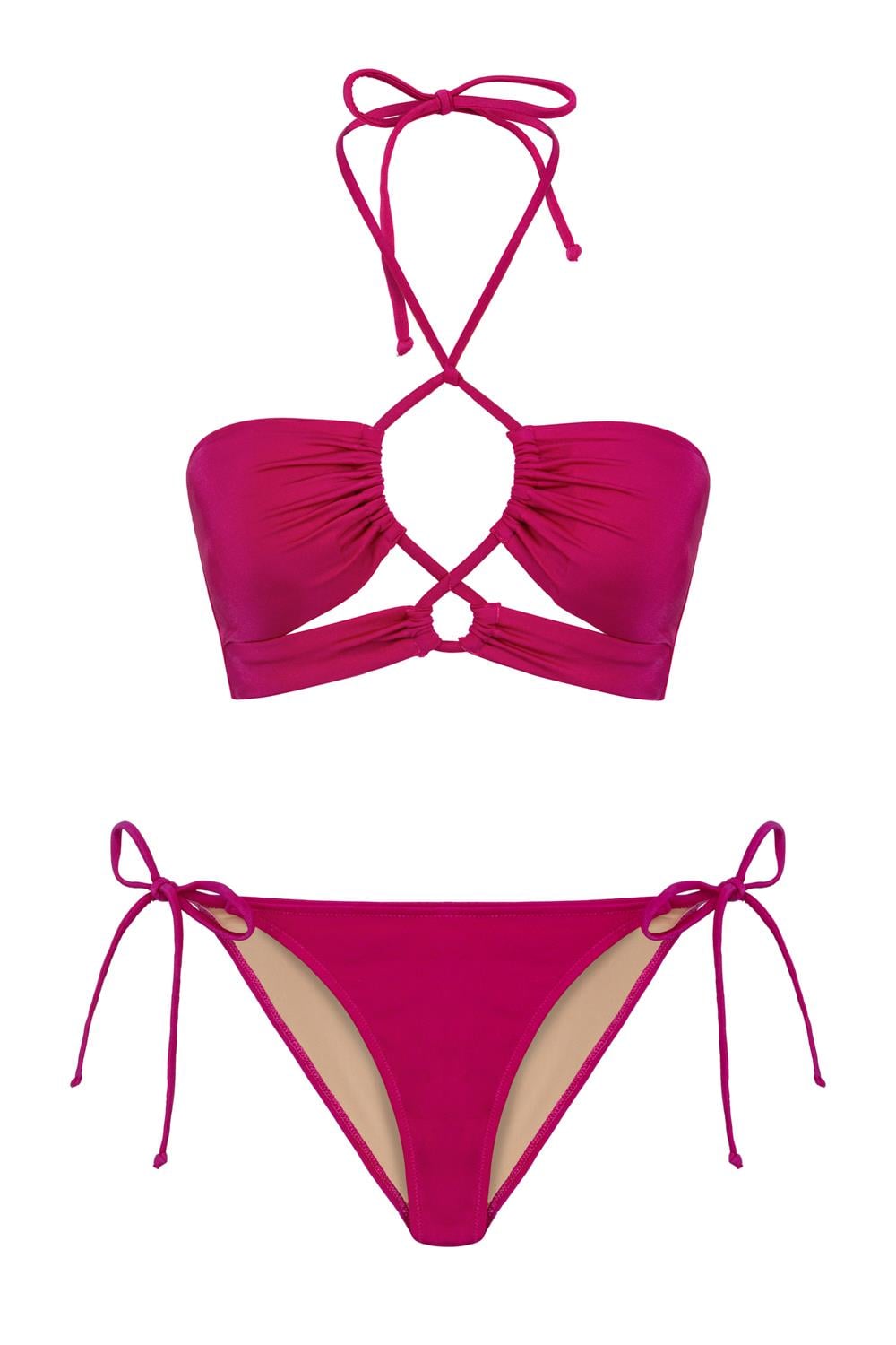 Bantlı Fuşya Halter Bikini Takım