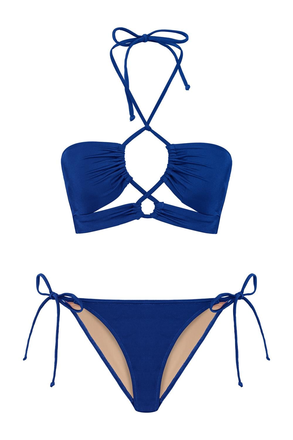 Bantlı Saks Mavi Halter Bikini Takım