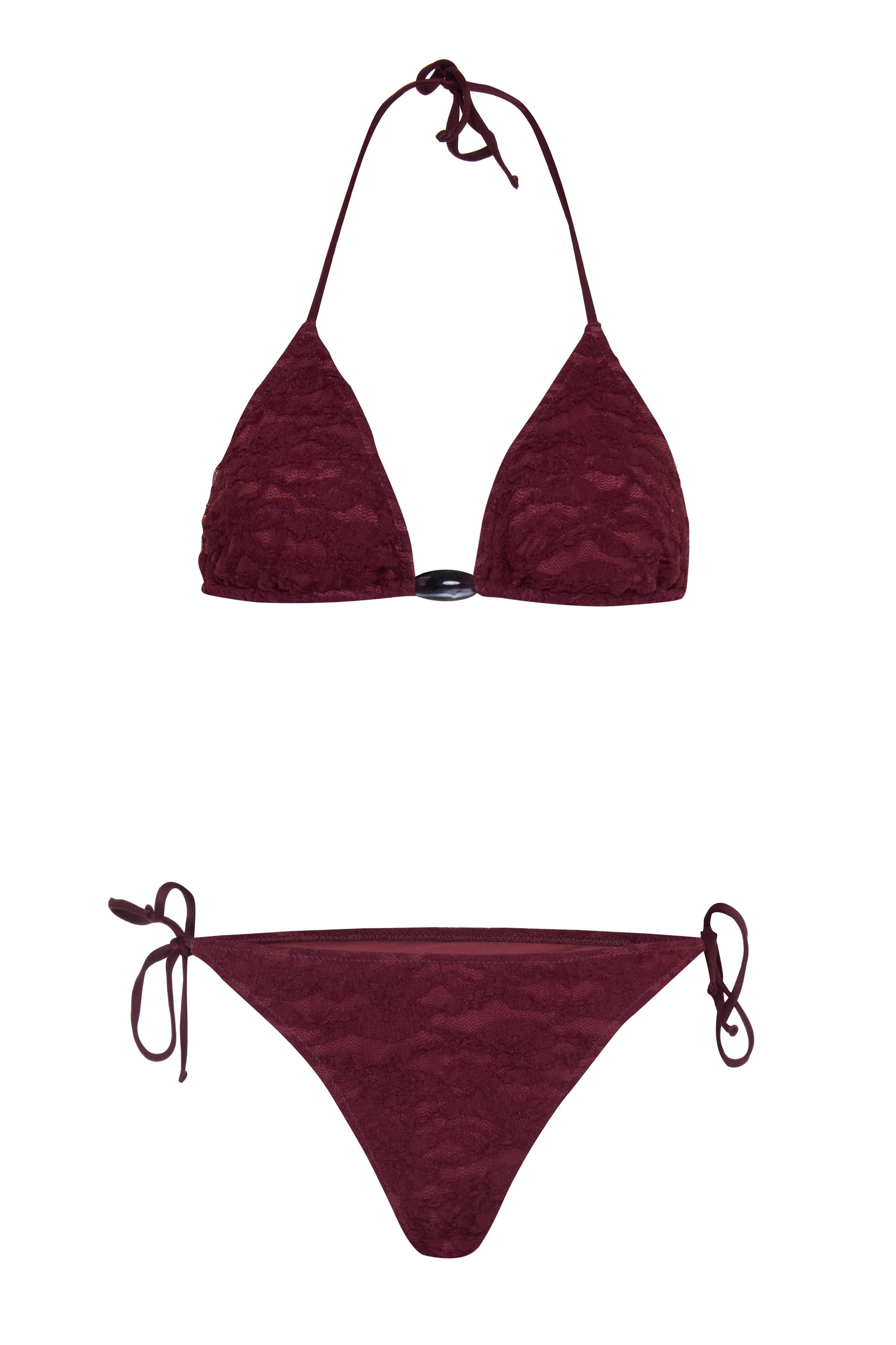 Boncuk Aksesuarlı Bordo Dantel Üçgen Bikini
