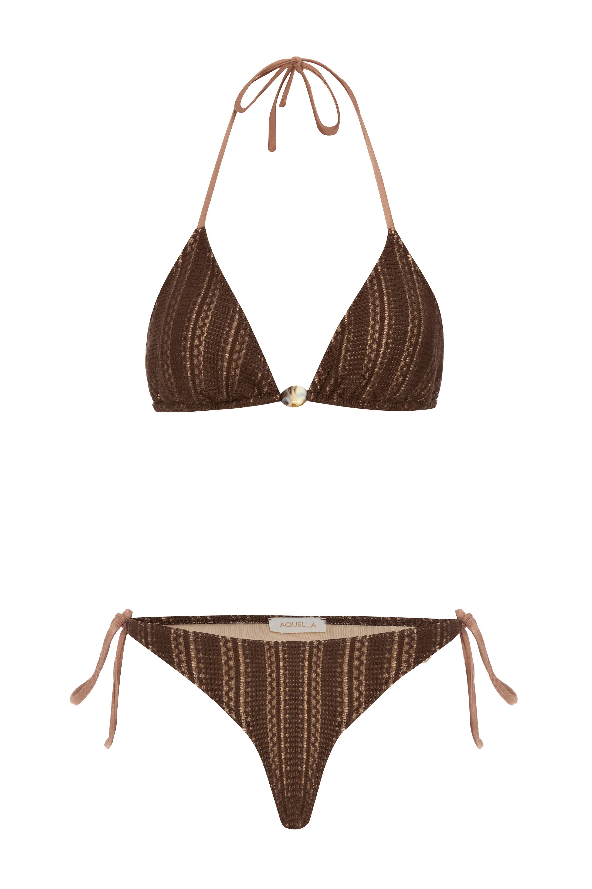 Boncuk Aksesuarlı Kahve Triko Bikini Takım