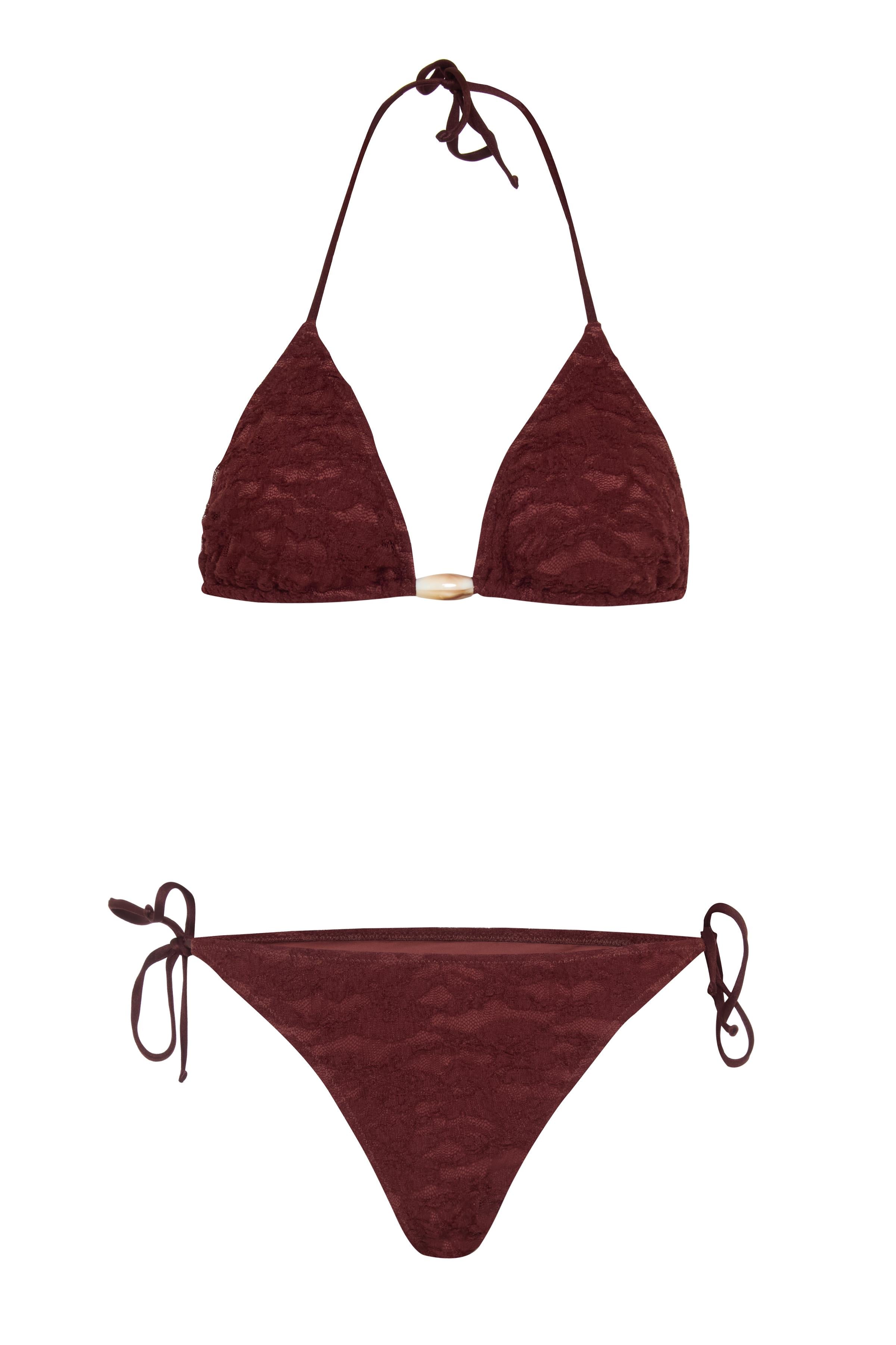 Boncuk Aksesuarlı Kahverengi Dantel Üçgen Bikini
