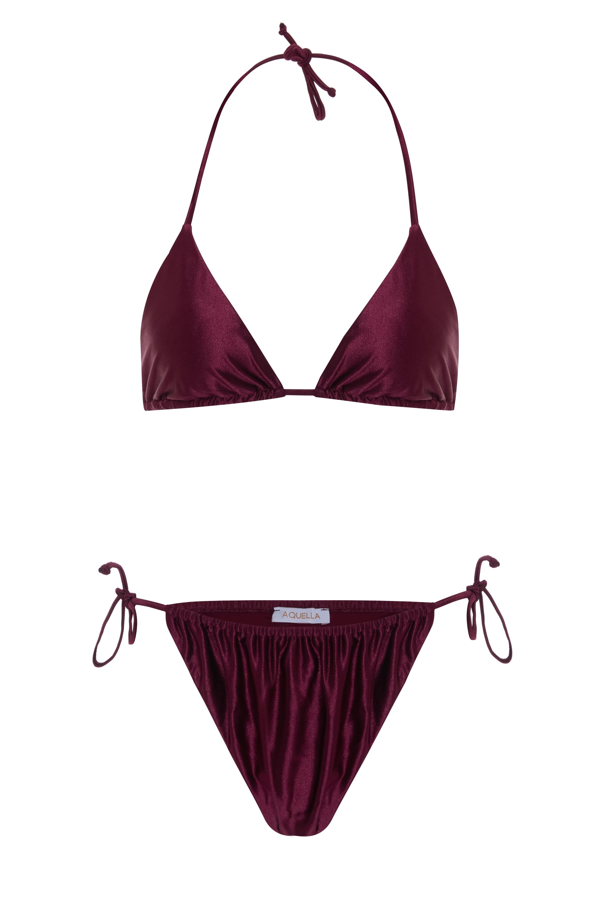 Bordo Parlak Üçgen Bikini Takım