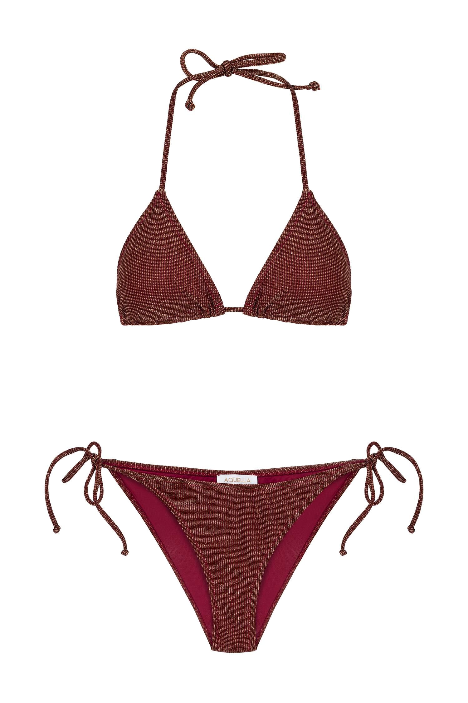 Bordo Simli Üçgen Bikini Takım