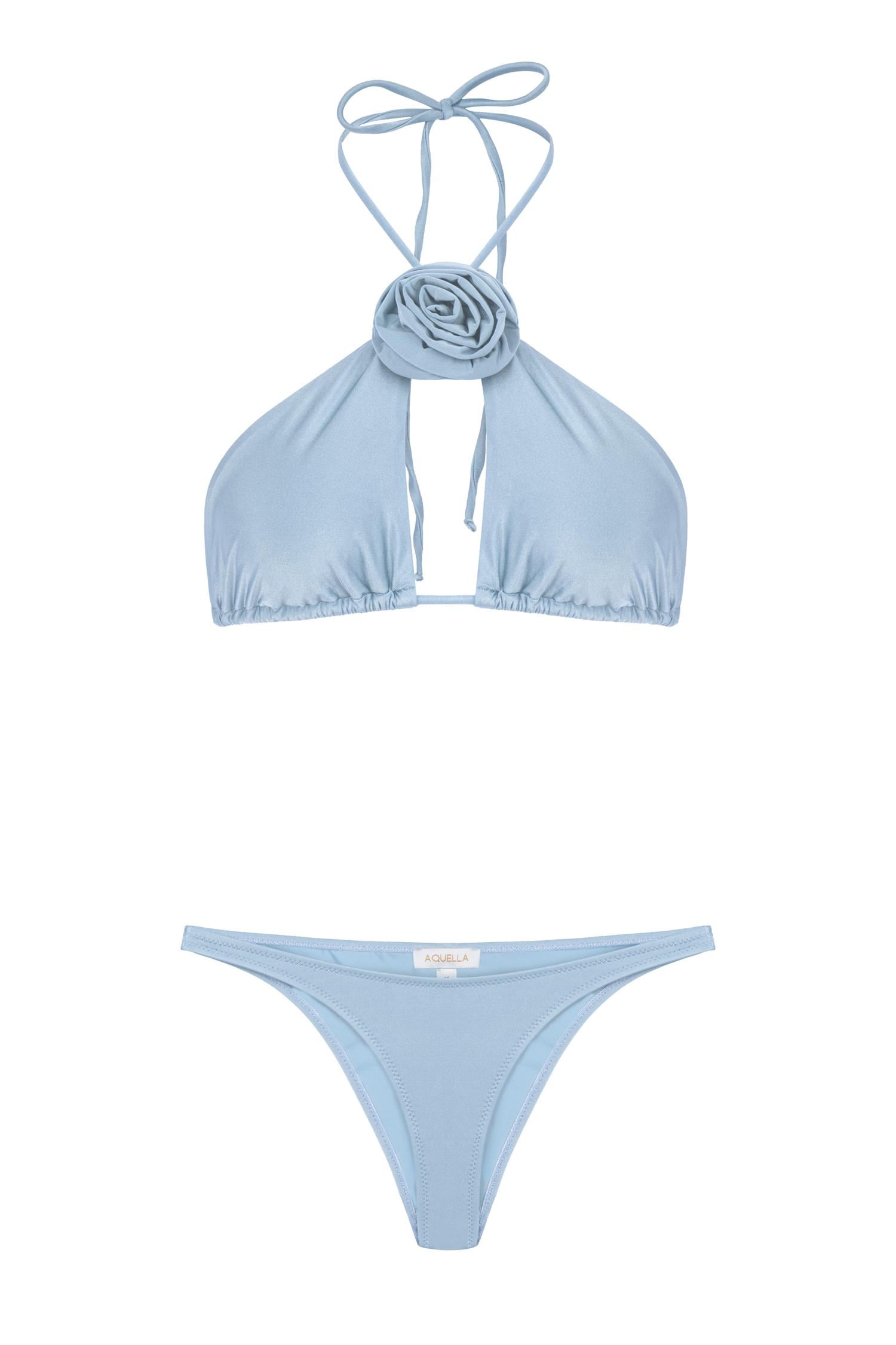 Boyun Gül Detaylı Bebe Mavi Üçgen Bikini Takım