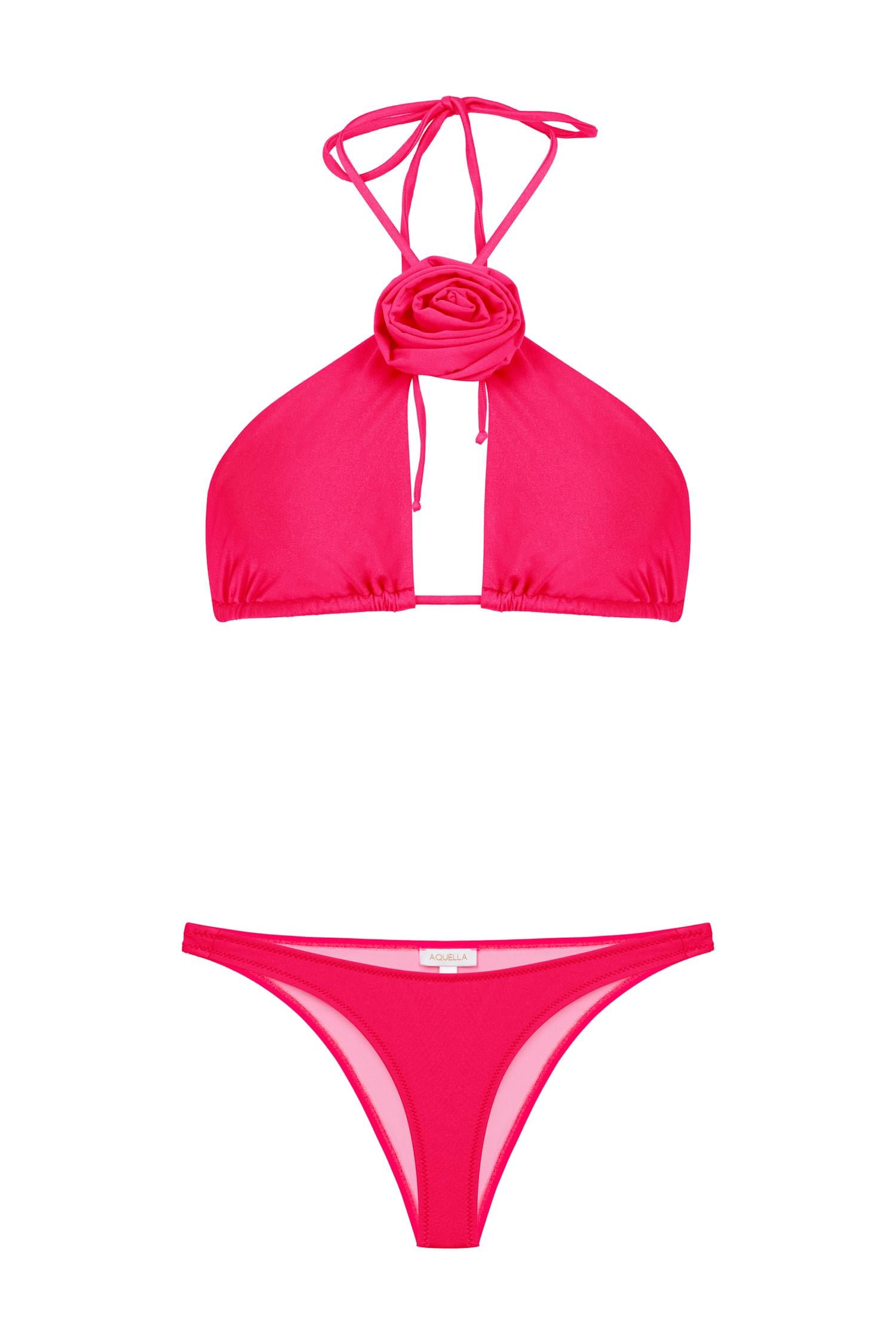 Boyun Gül Detaylı Fuşya Üçgen Bikini Takım