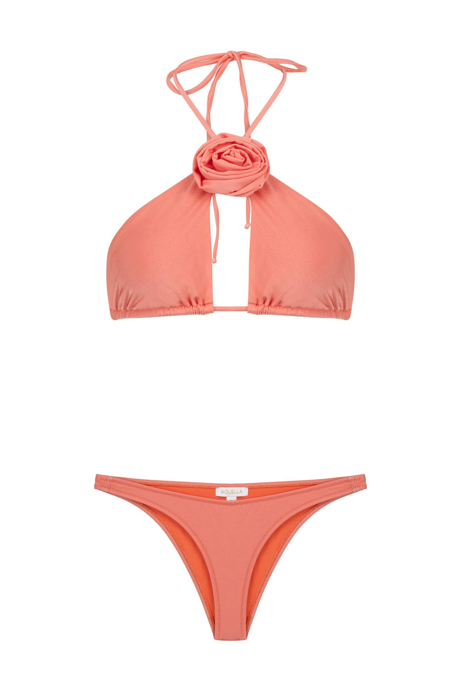 Boyun Gül Detaylı Mercan Üçgen Bikini Takım