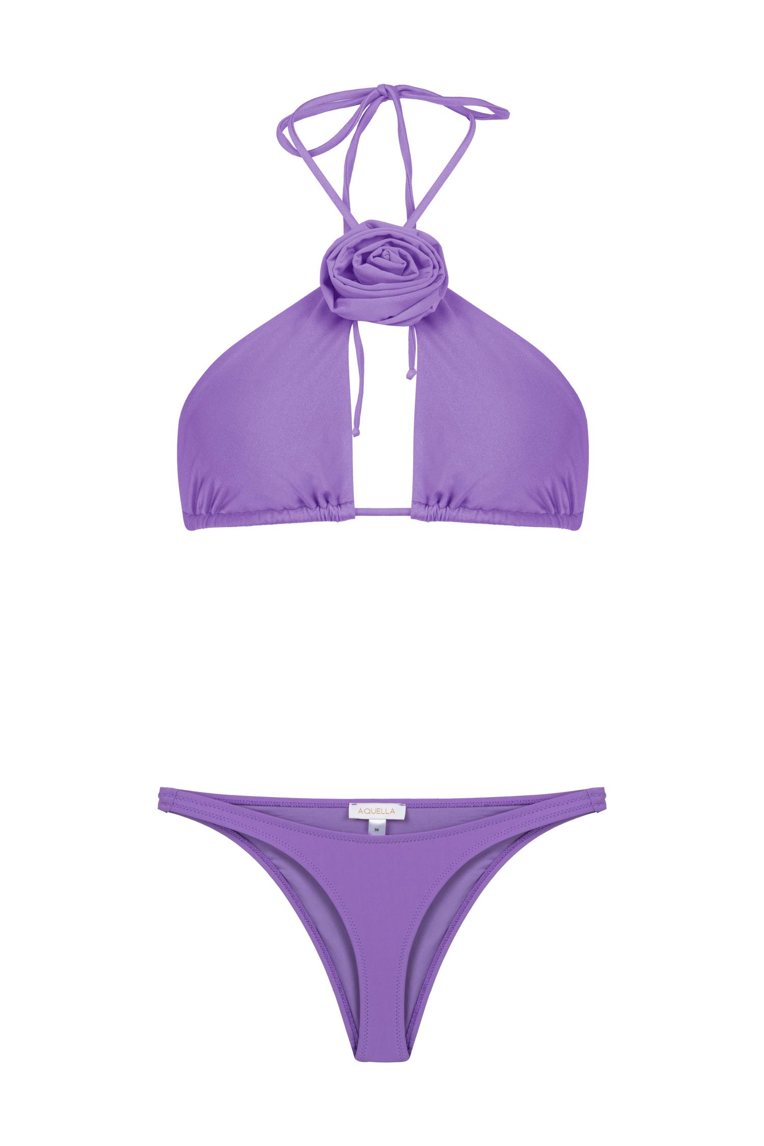 Boyun Gül Detaylı Mor Üçgen Bikini Takım