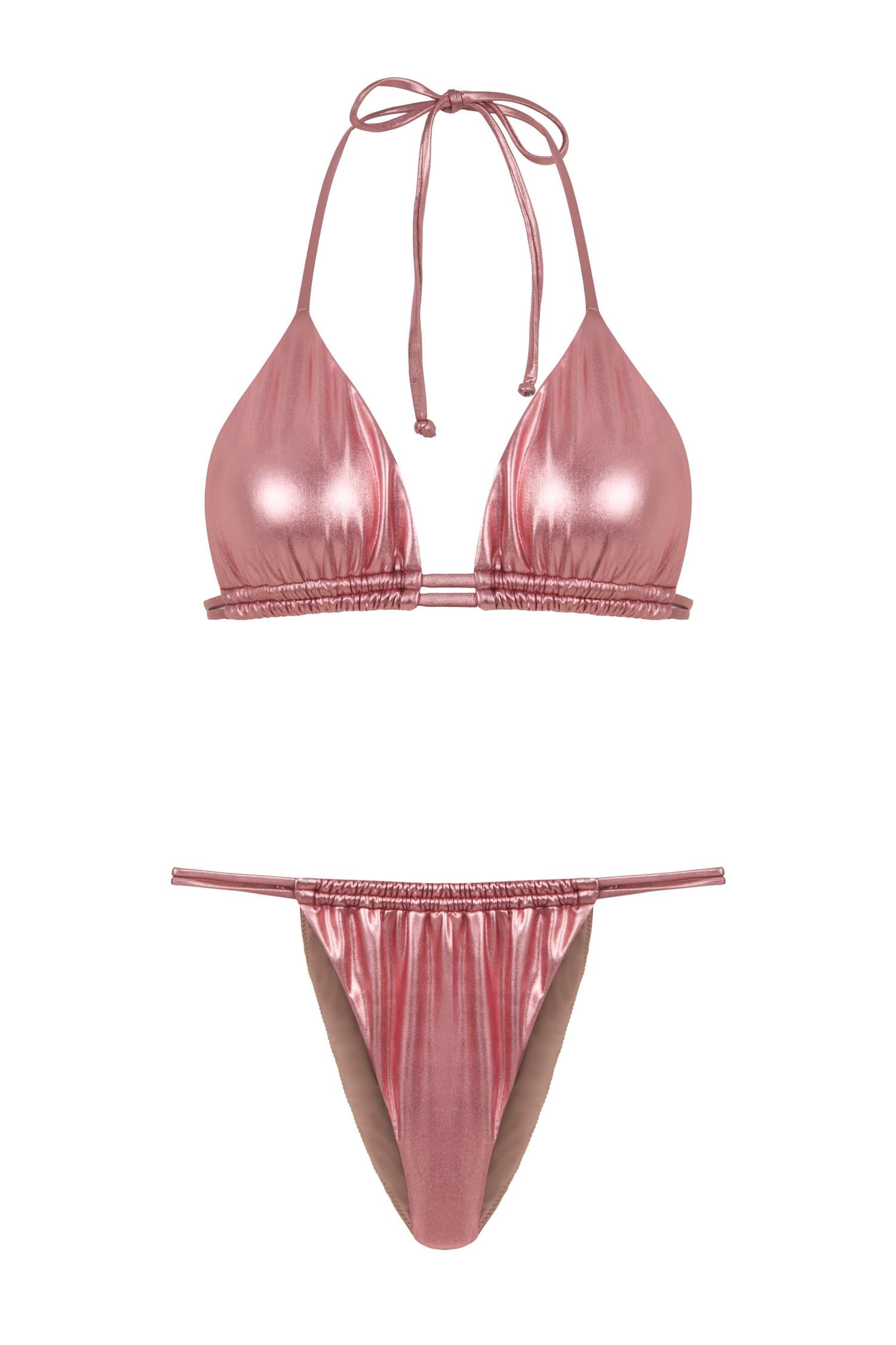 Çift Kanal Büzgülü Pembe Parlak Üçgen Bikini Takım