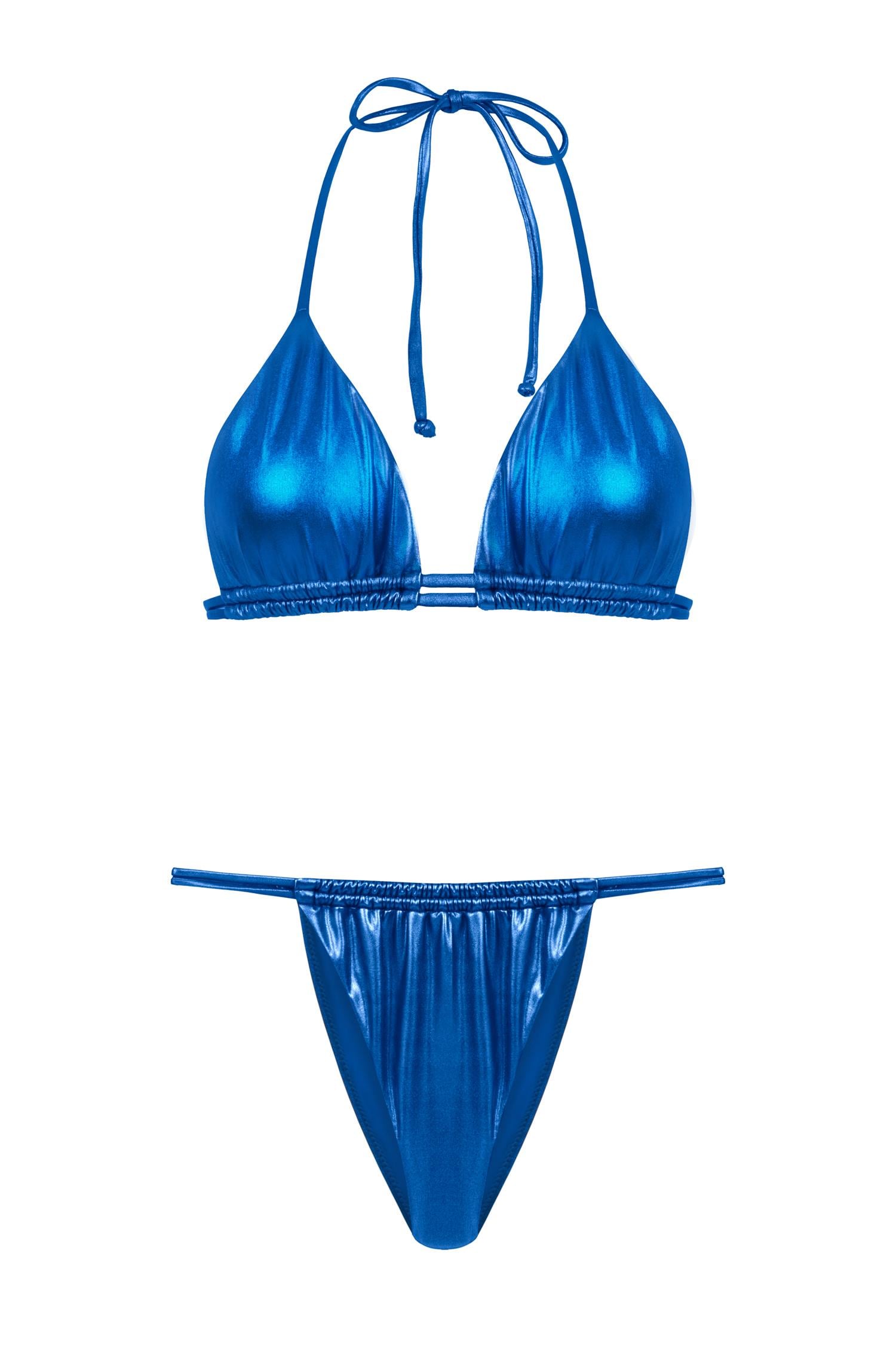 Çift Kanal Büzgülü Saks Parlak Üçgen Bikini Takım