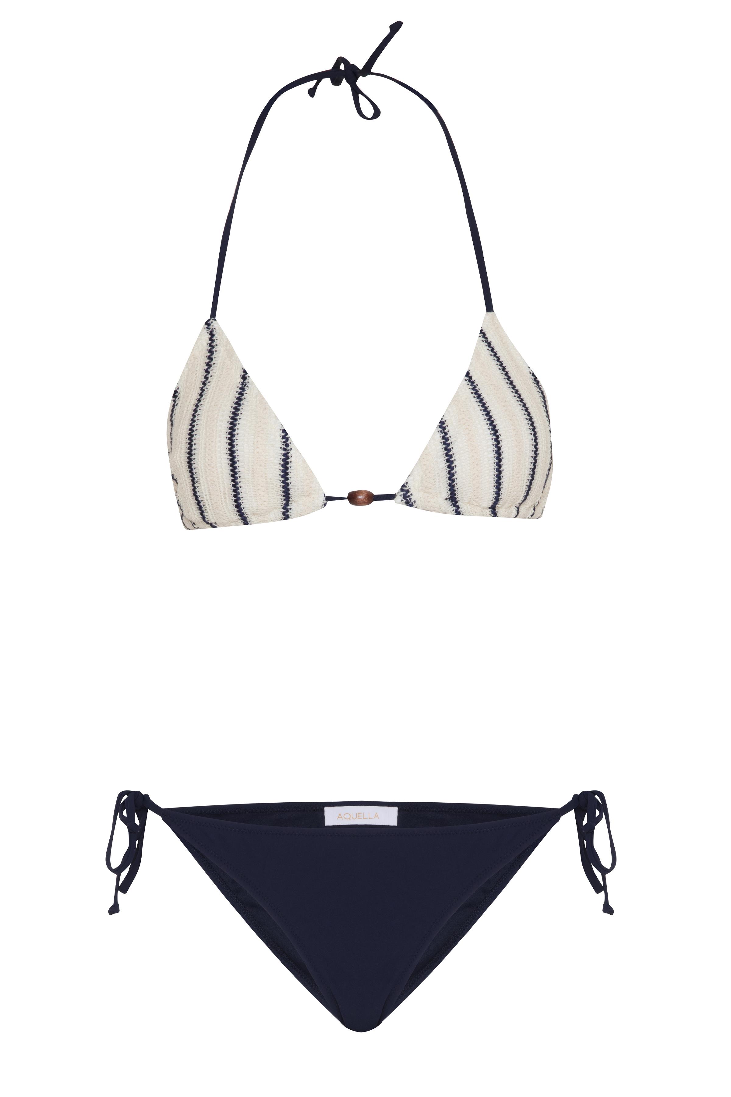 Çizgili Triko Ekru Üçgen Bikini Takım